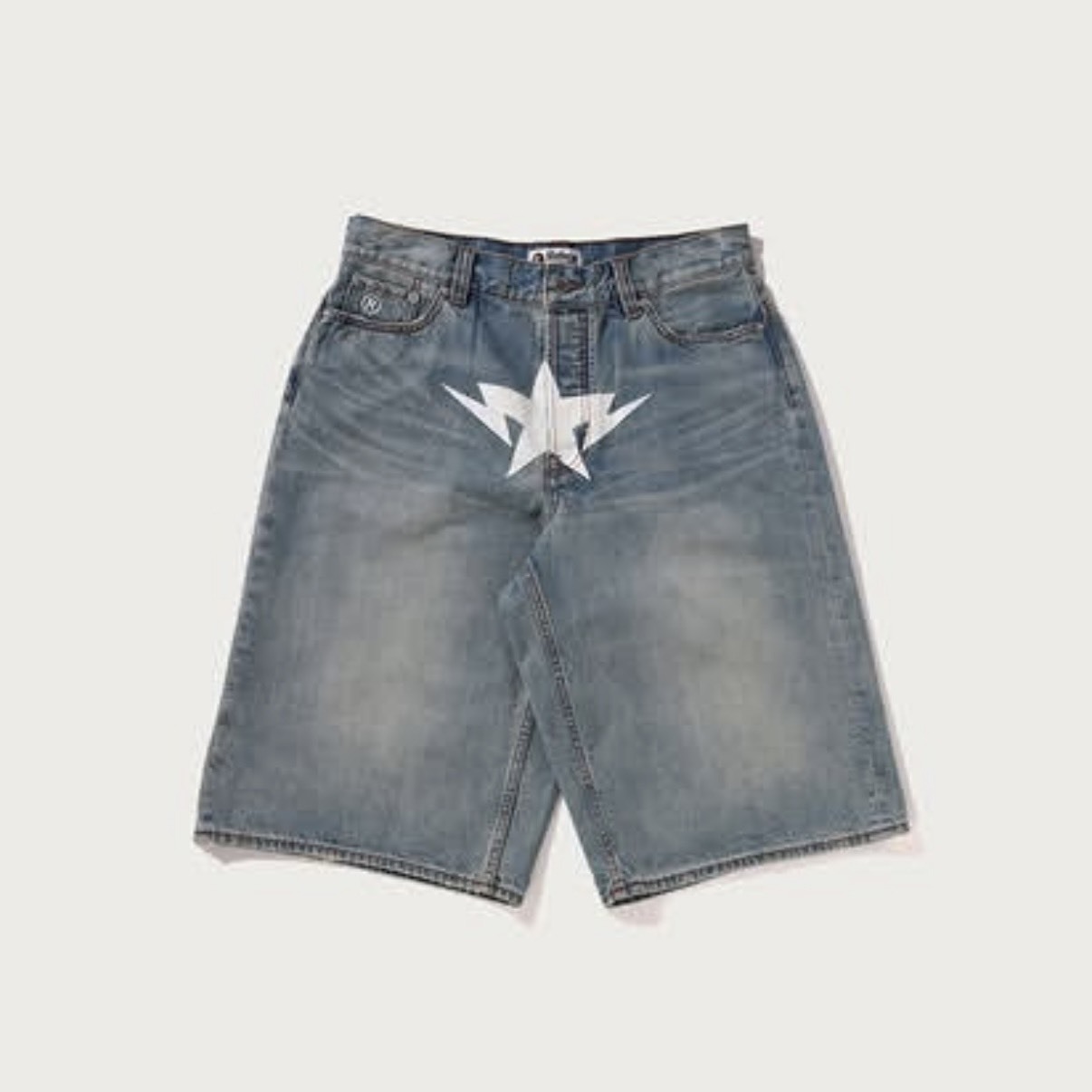 -(B5b03)-A BATHING APE BAPE TWIN STA KNEE LENGTH SELVEDGE DENIM SHORTS 流星 單寧 及膝褲 短褲 深藍/淺藍-1M80151301