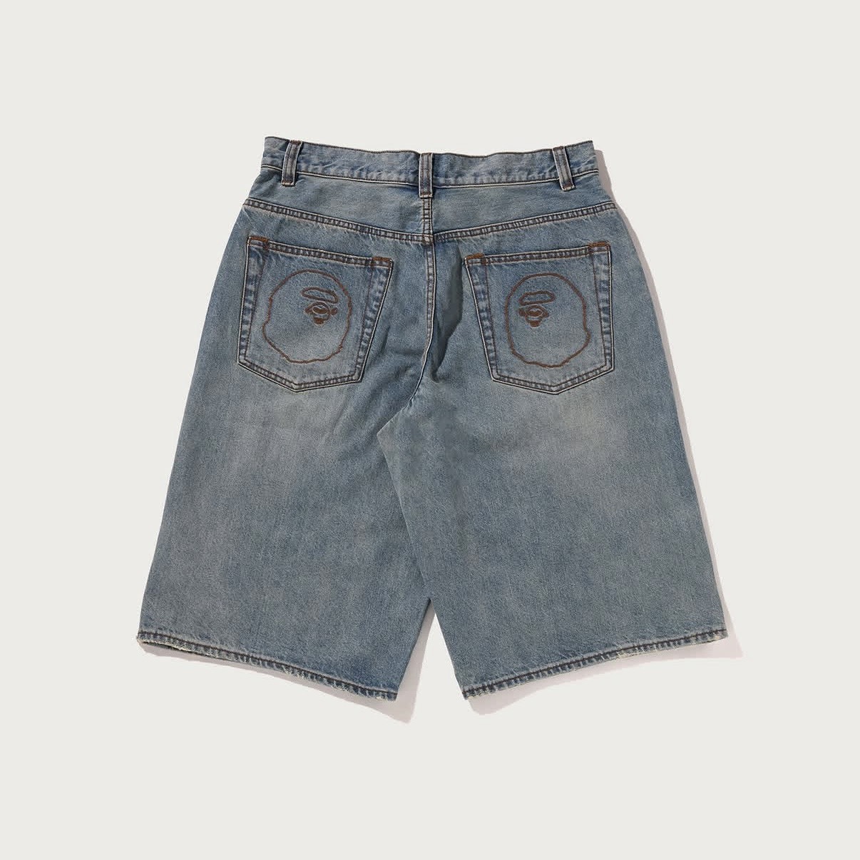-(B5b03)-A BATHING APE BAPE TWIN STA KNEE LENGTH SELVEDGE DENIM SHORTS 流星 單寧 及膝褲 短褲 深藍/淺藍-1M80151301