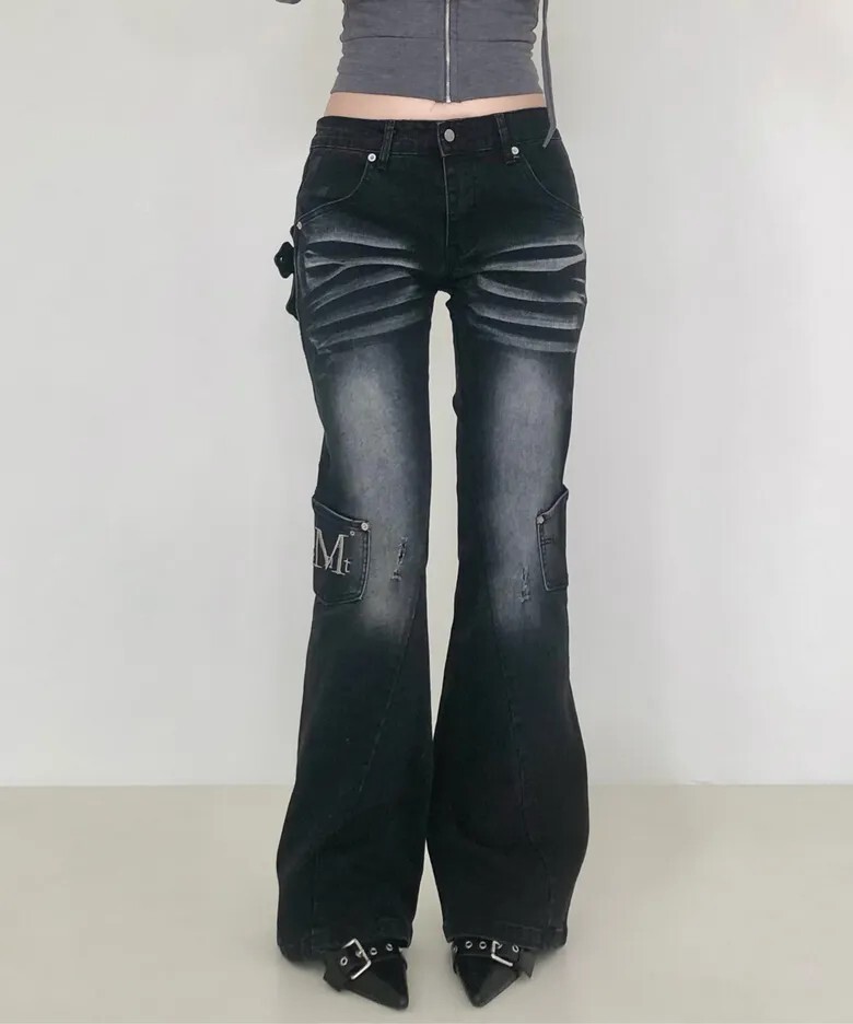 【OWN】MUCENT 牛仔褲 休閒 長褲 女版 刺繡 鉚釘 水洗 復古 黑色