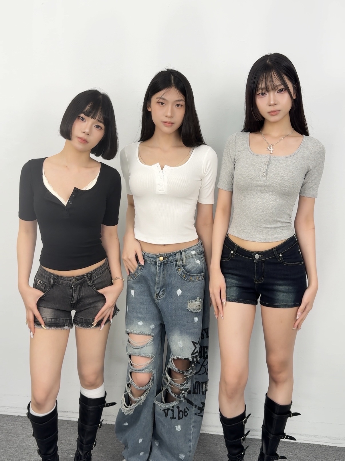 K71現貨簡約排扣方圓領五分袖修身上衣