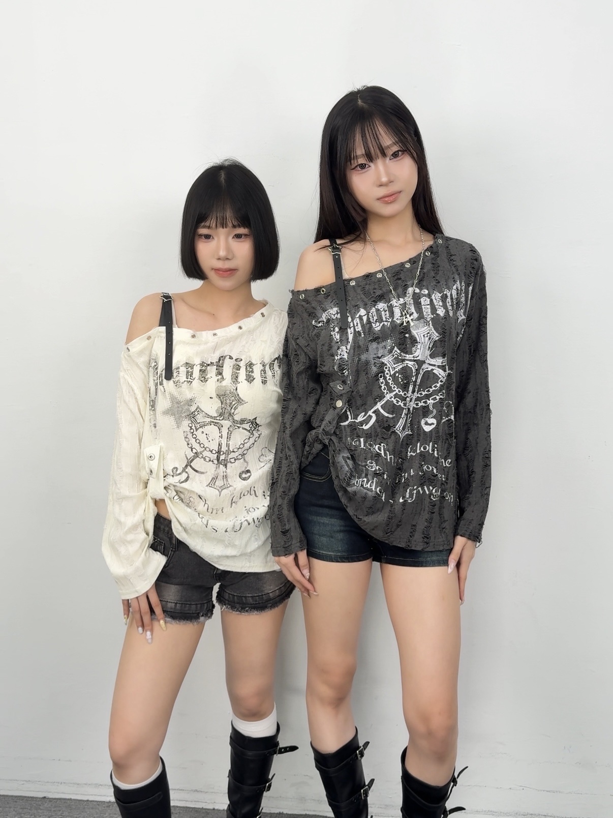 K72美式印花刷破斜肩秋季設計感上衣