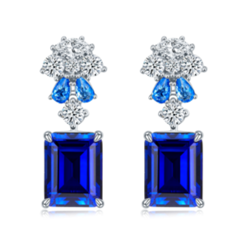 EAR-JJG0809-012 長方培育藍寶石S925銀鍍白金耳環 8.0ct/10*8mm [ZH90S] (A12)