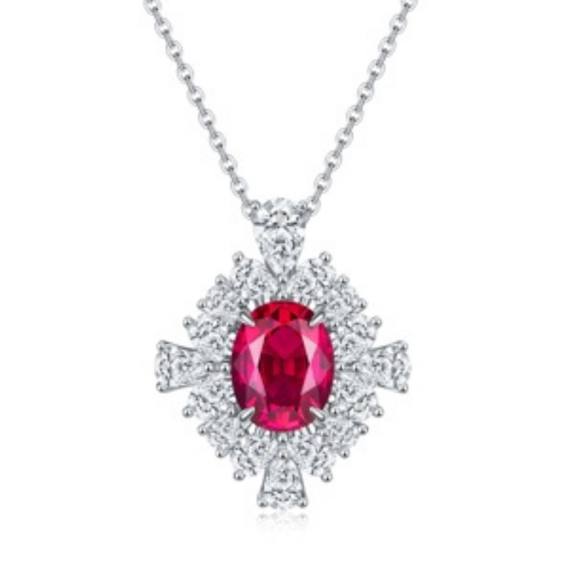 NEC-JJG0809-033 8K白金蛋形培育紅寶石繁花盛開吊墜 10*8mm/3.4ct [ZH169O] (A33)