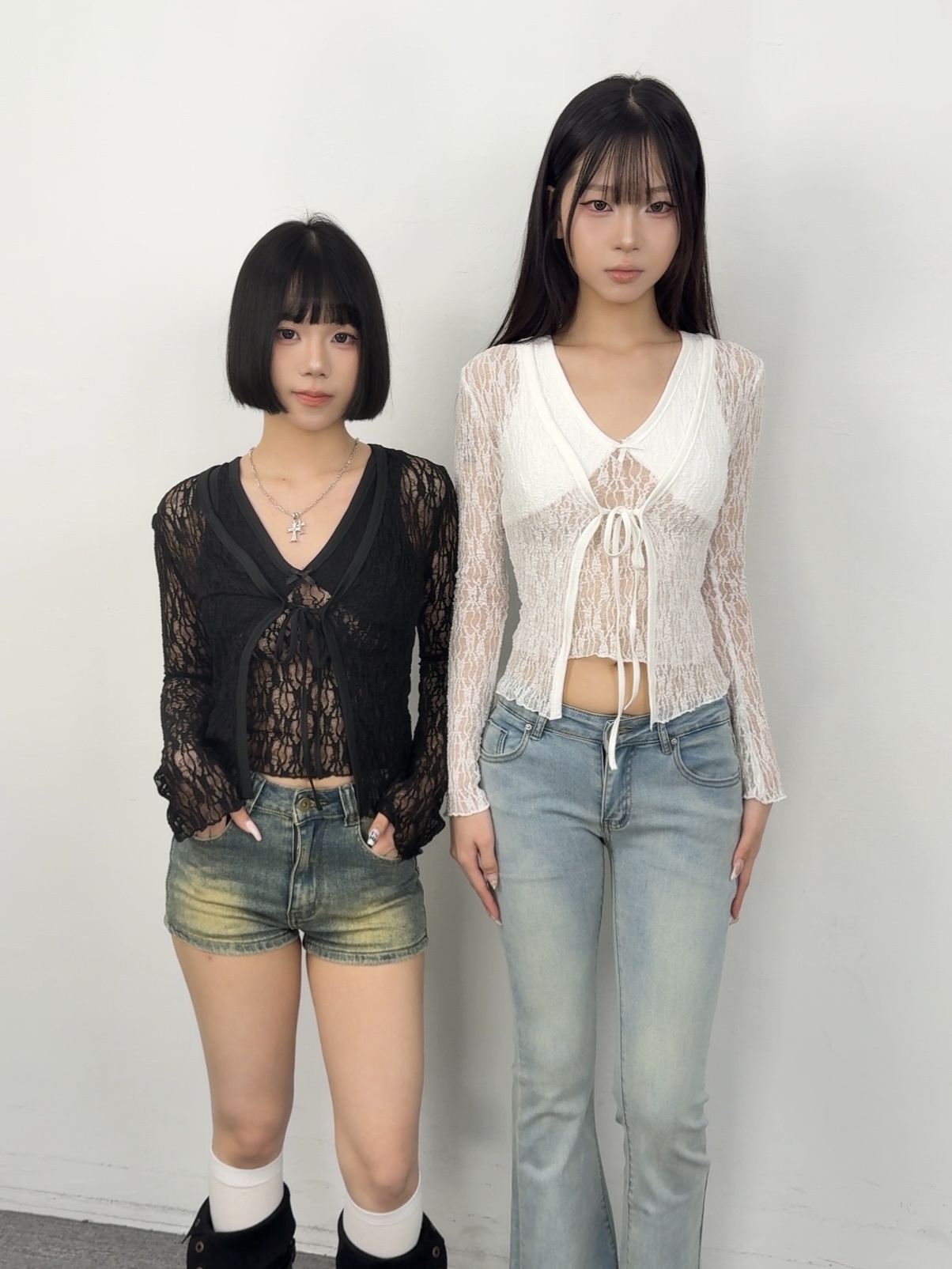 K86現貨純欲性感透膚蕾絲真兩件上衣
