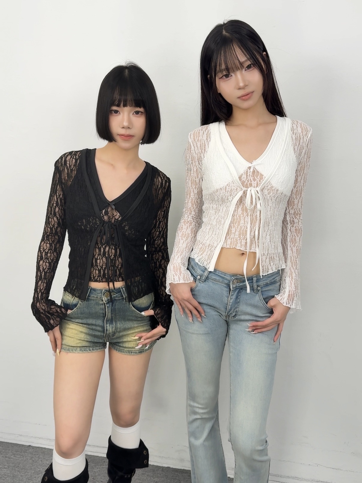 K86現貨純欲性感透膚蕾絲真兩件上衣