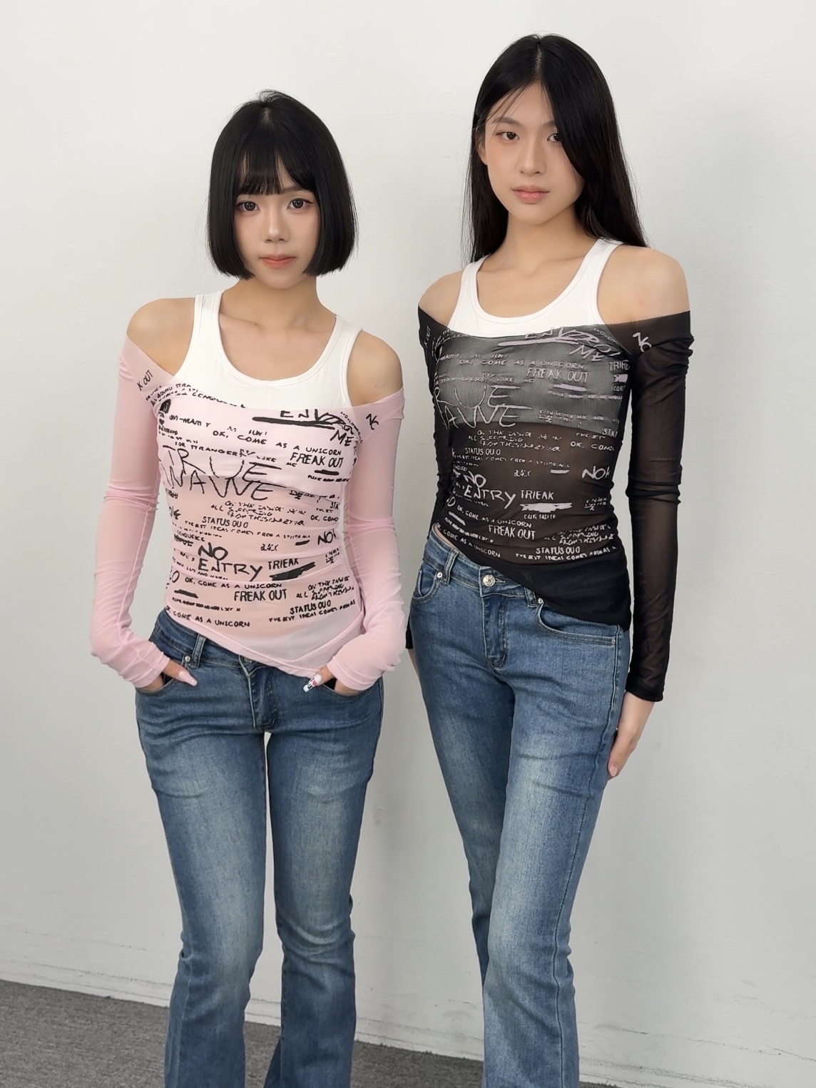 K88美式透膚假兩件一字領上衣