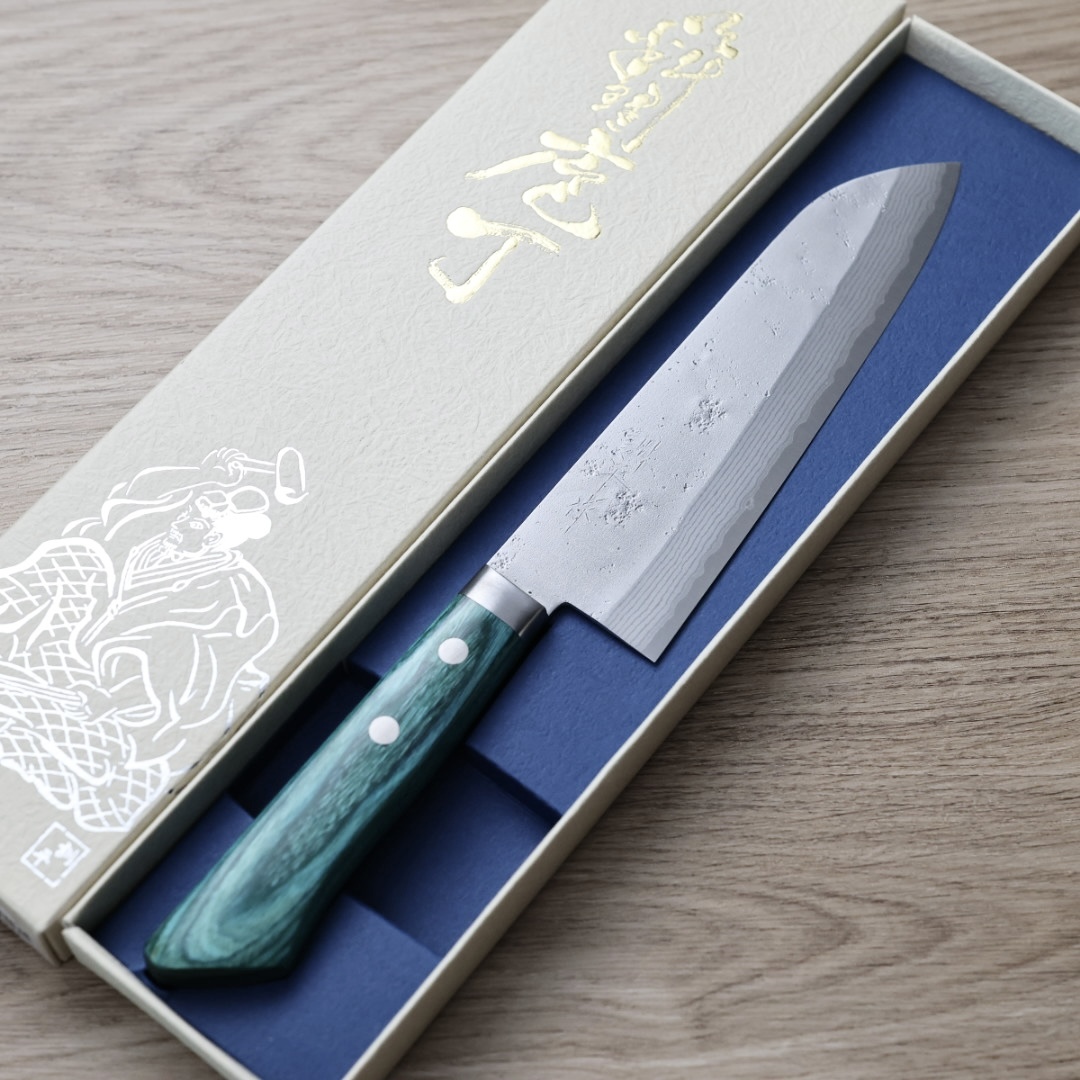 增谷訓生 三德 170mm VG10鋼 鎚目大馬士革 雪華 綠柄