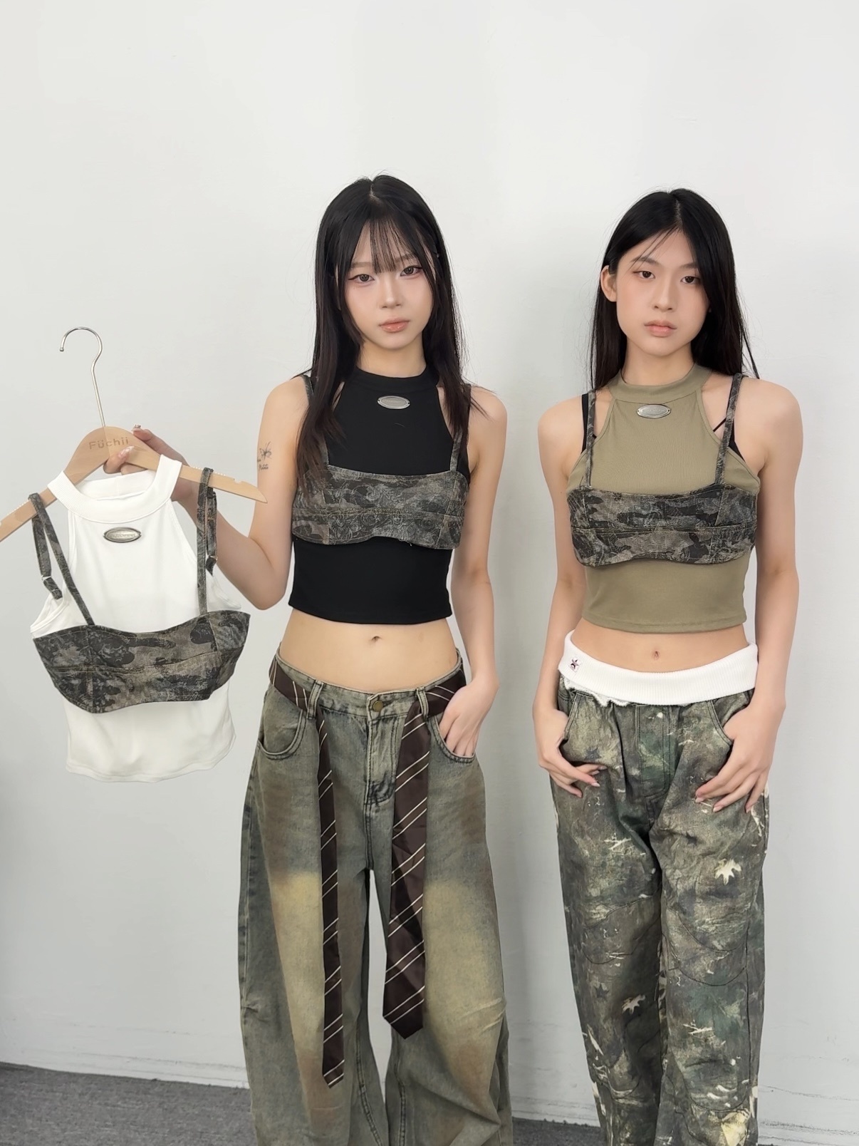 K94現貨圓領削肩拼接迷彩假兩件上衣