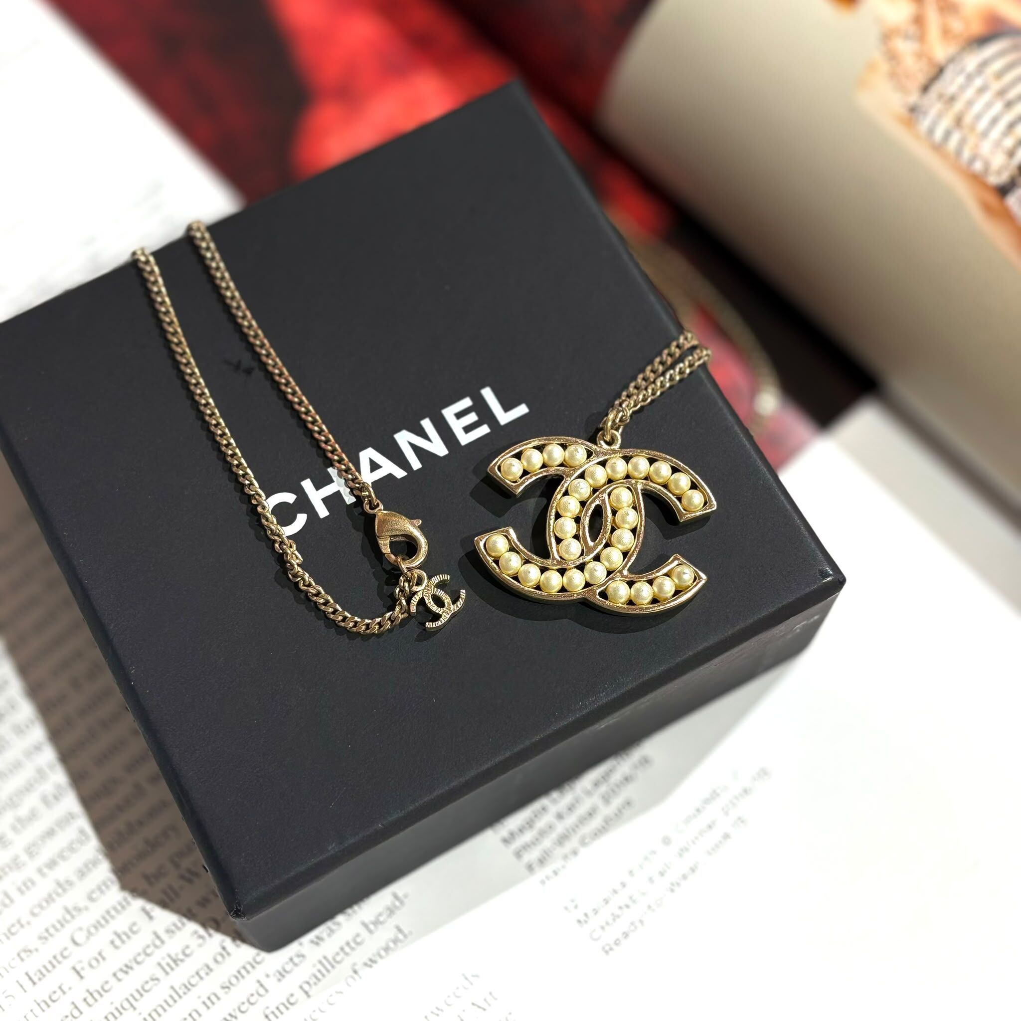 98%NEW二手CHANEL頸鏈60CM 淡金鏤空雙C LOGO 鑲幼珍珠, NECKLACE,香奈兒項鏈, #香榭站正品