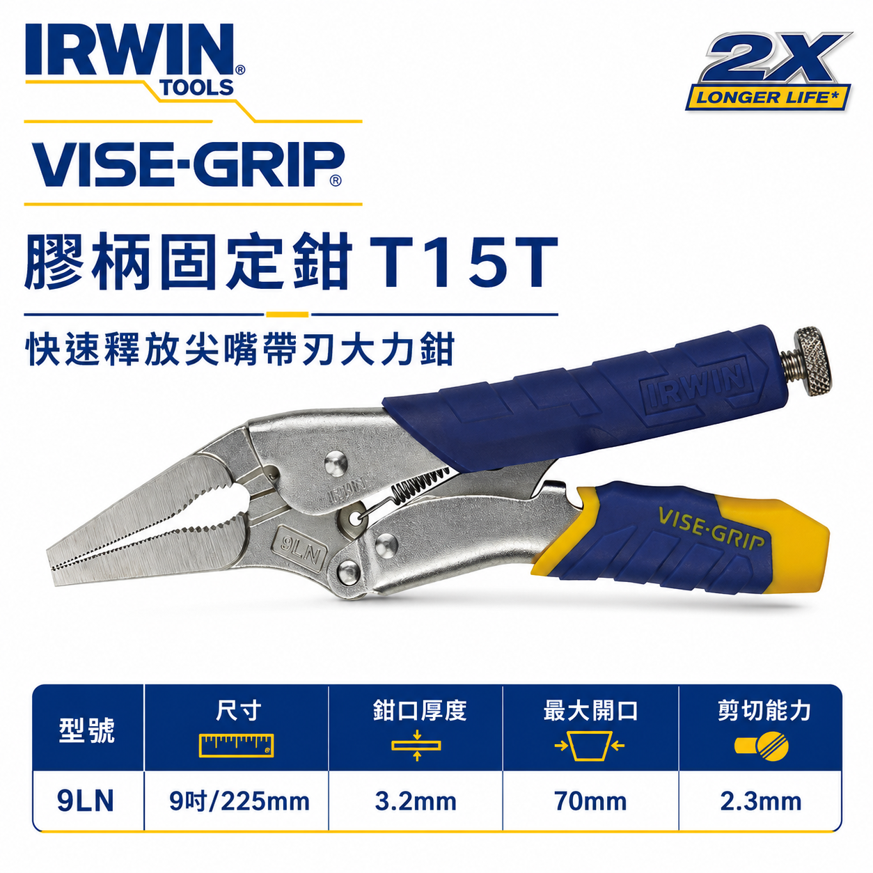 美國 IRWIN 握手牌｜9LN｜快速釋放式膠柄尖嘴萬能鉗 9"固定鉗 人體工學握柄膠柄尖口萬能鉗｜T15T