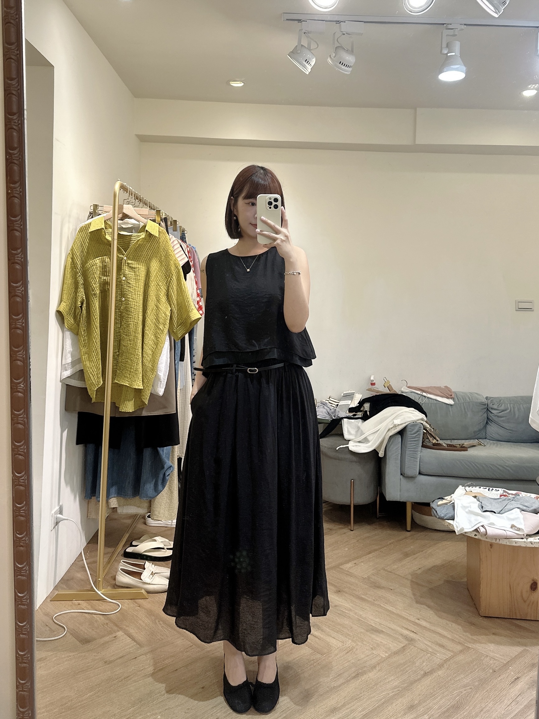 附皮帶雙層飄逸感長裙
