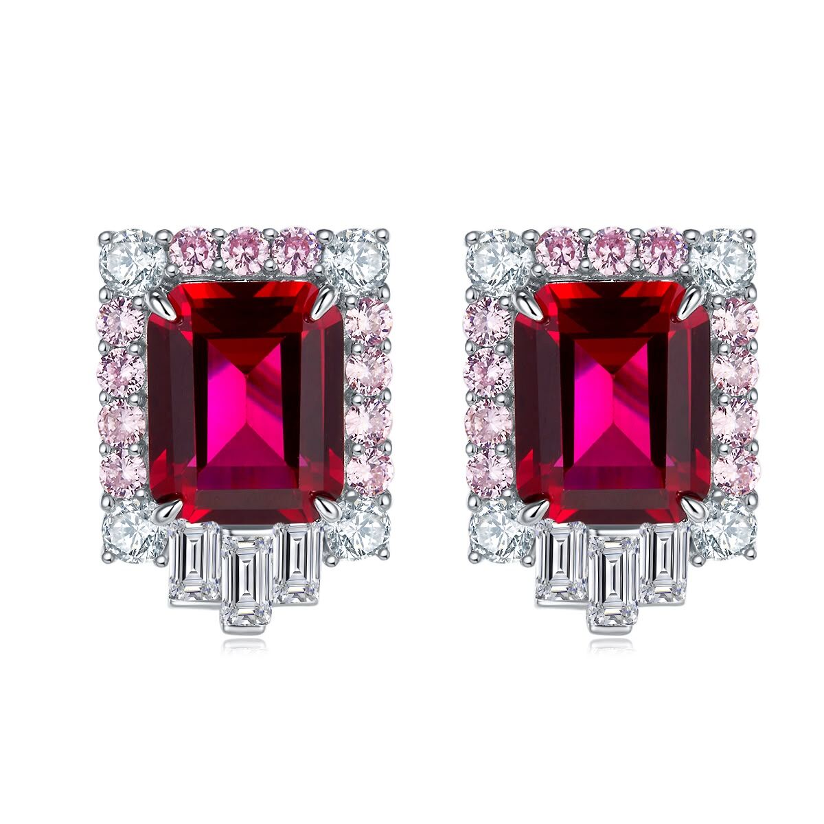 EAR-JJG0809-067 長方培育紅寶石S925銀鍍白金耳環 8.0ct/10*8mm [ZH89S] (A67)