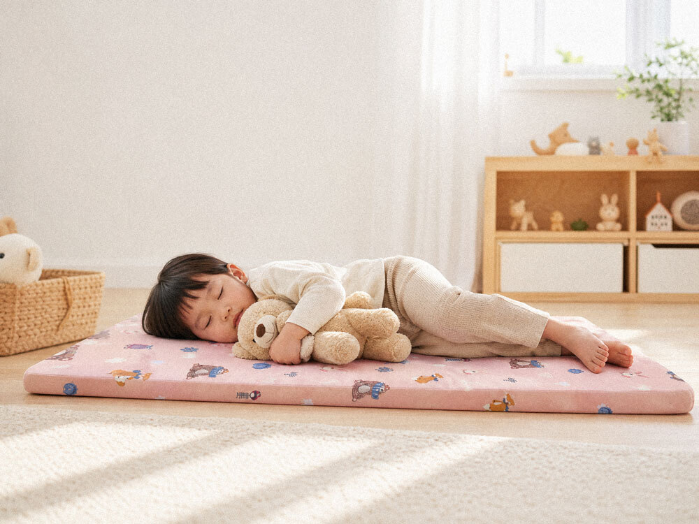 3至4歲幼童抱泰迪熊熟睡_日式北歐兒童房