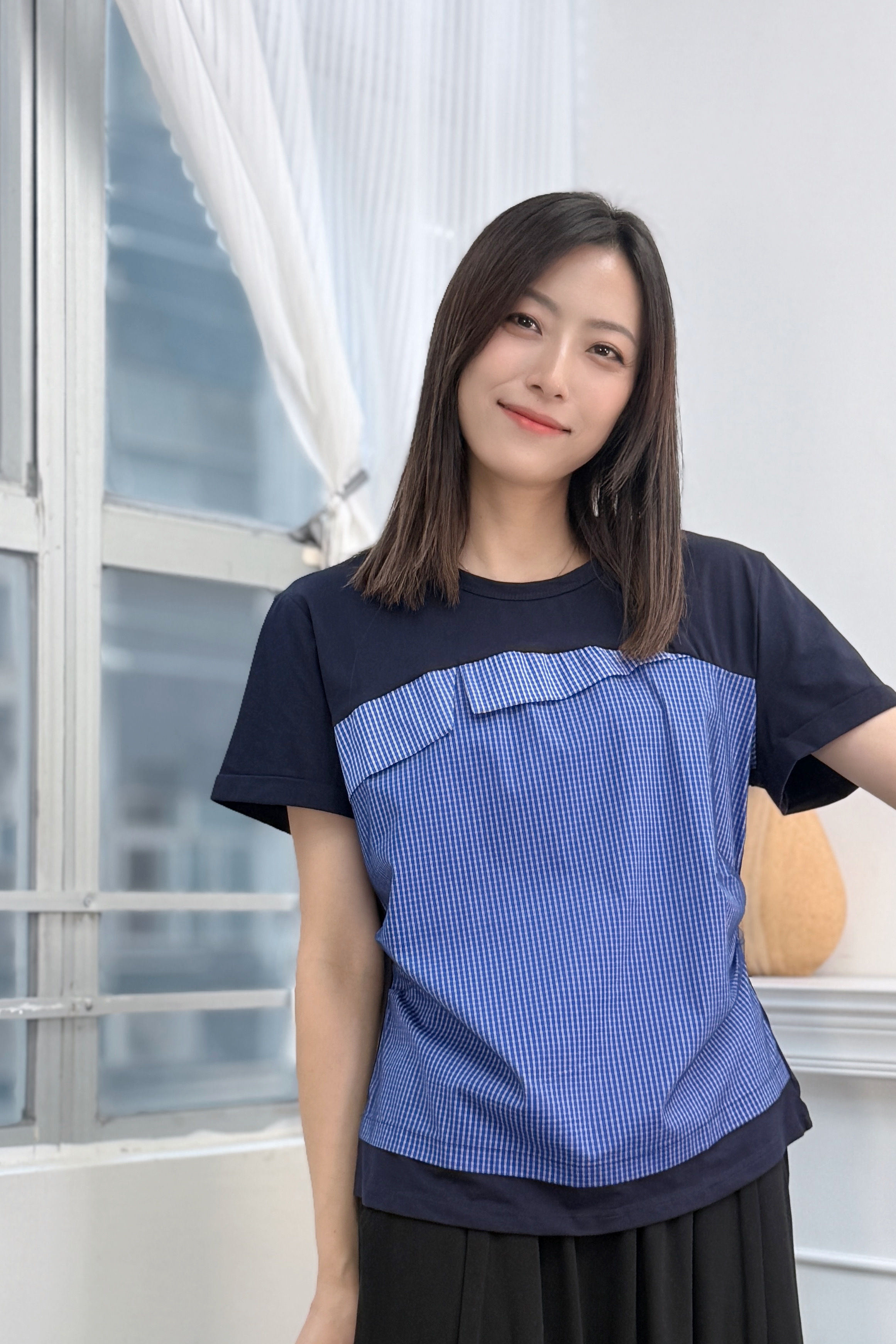 TOP#8965 🇰🇷 格紋修腰拼接Tee
