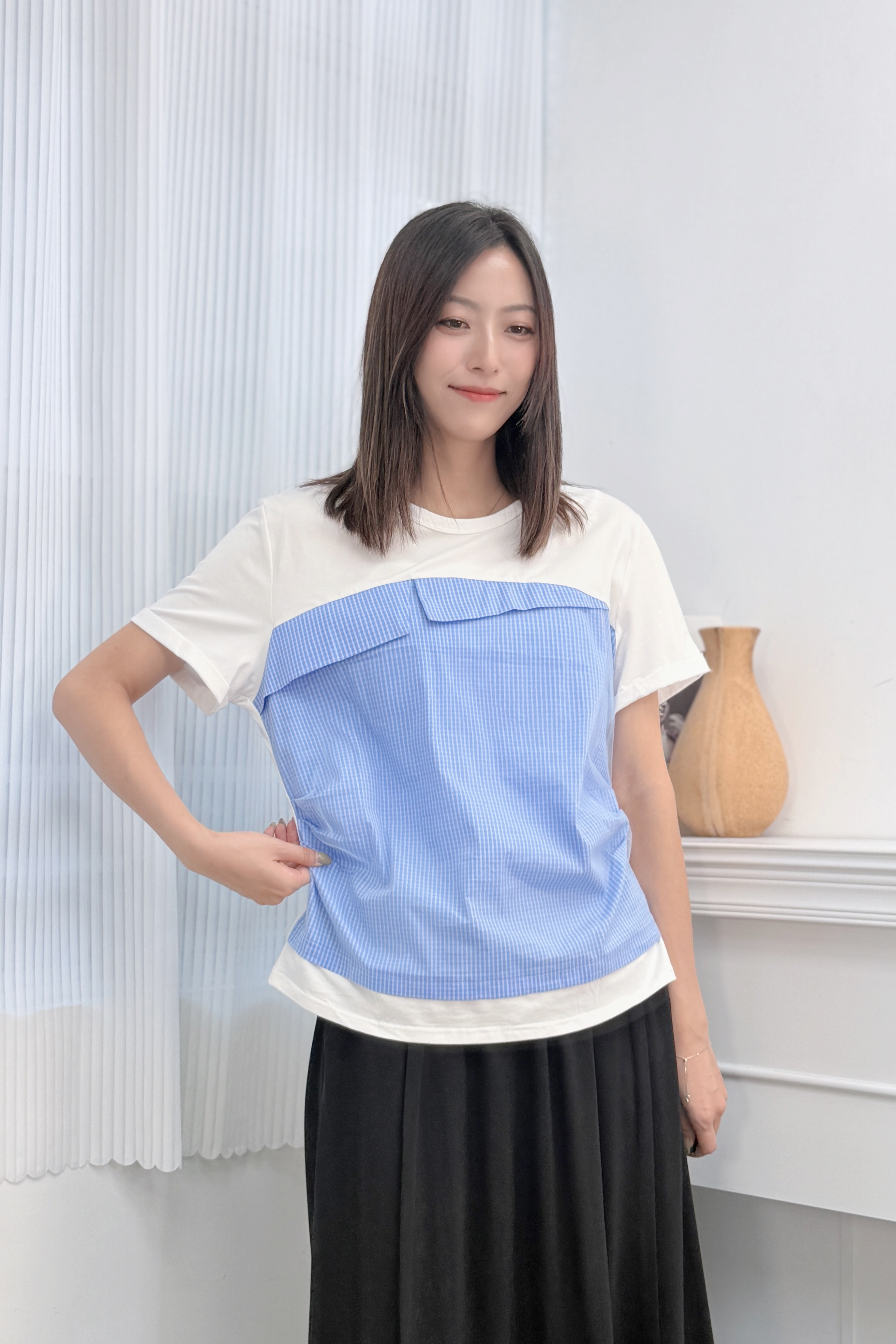 TOP#8965 🇰🇷 格紋修腰拼接Tee