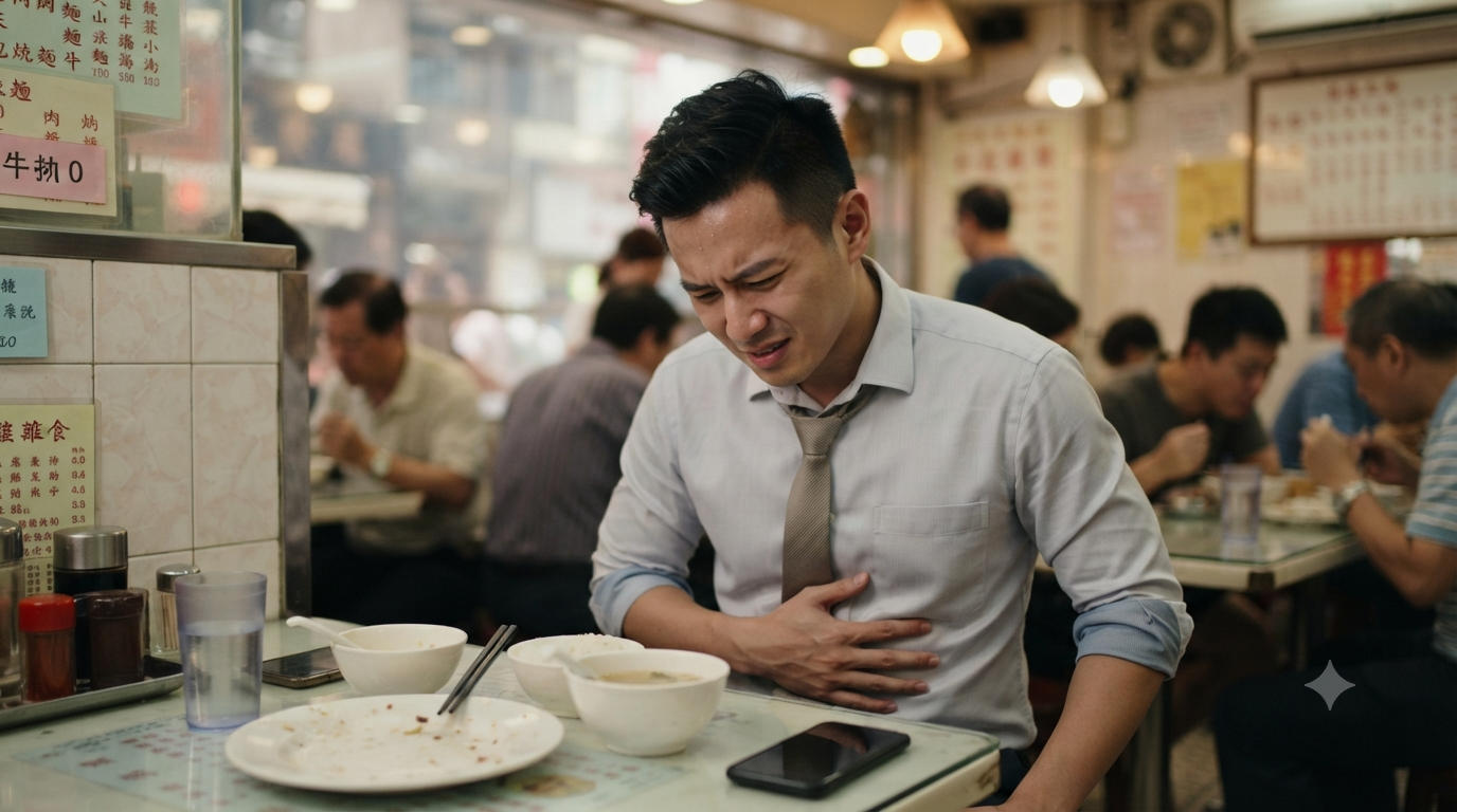 一位香港職場上班族在中午用餐後,坐在餐廳或辦公室座位上,面露腹脹、腹部不適的寫實日常