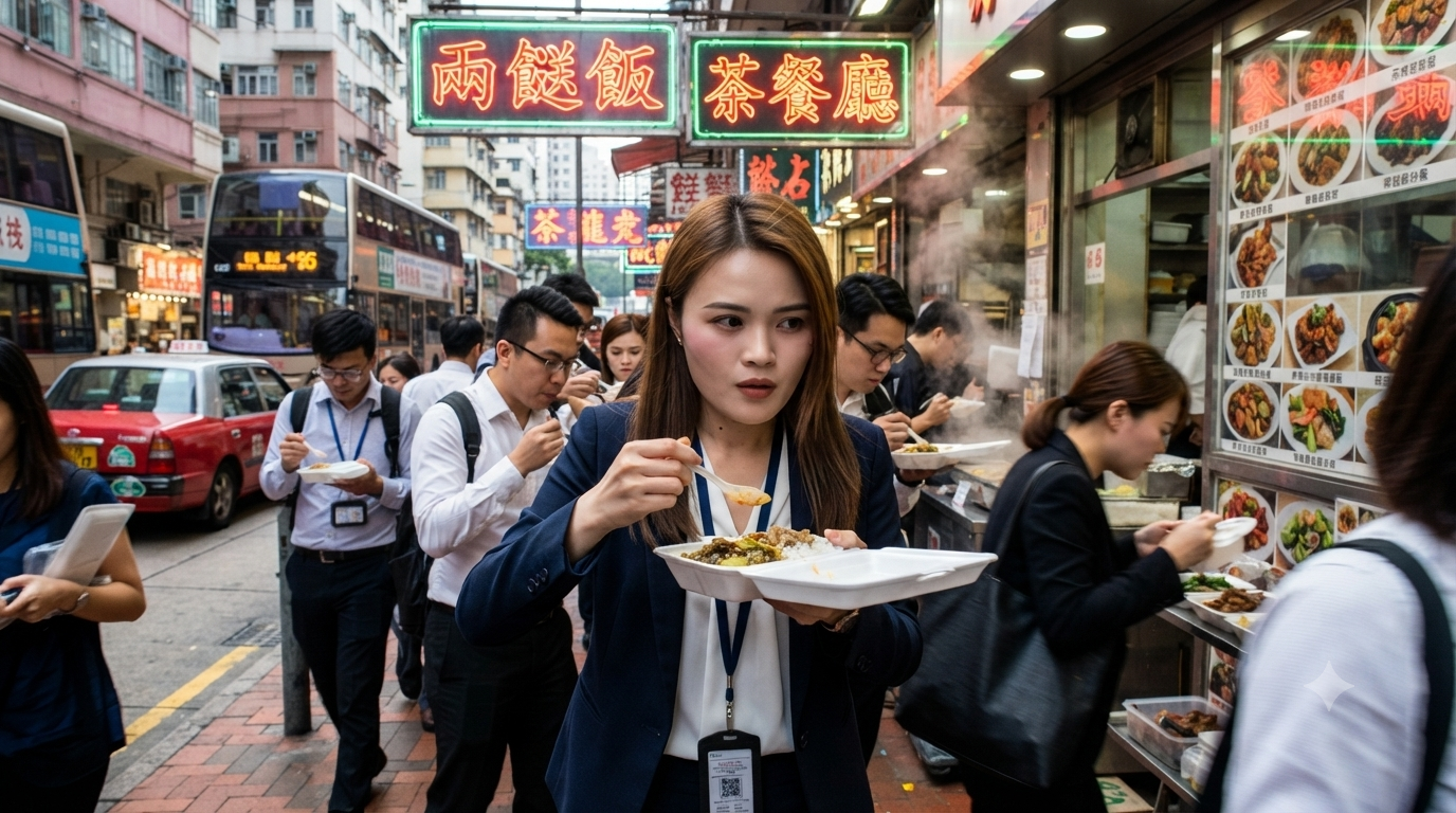 香港快節奏的街頭或茶餐廳環境，上班族趕時間食外賣/兩餸飯的場景，點出外食族的日常。