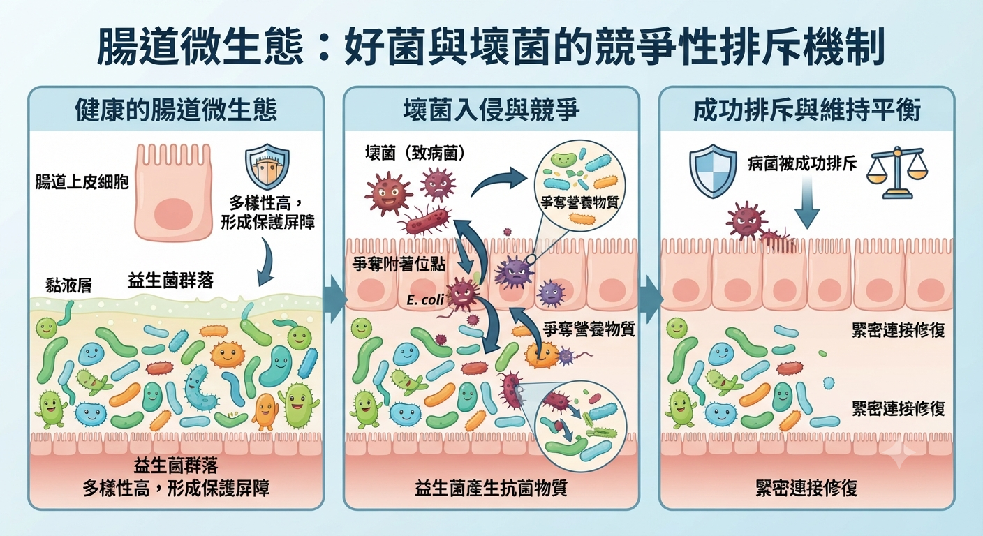 簡單拆解「外食如何導致腸道好菌減少」或「益生菌的競爭性排斥機制」