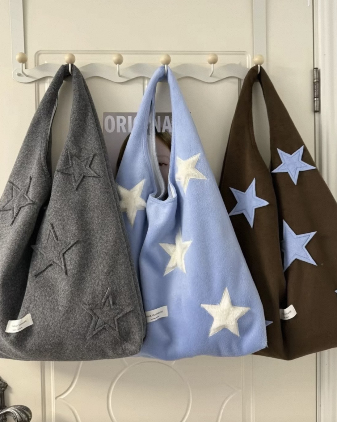 <卡哇伊>復古星星 刺繡貼布 托特包 通勤包 慵懶感 三色