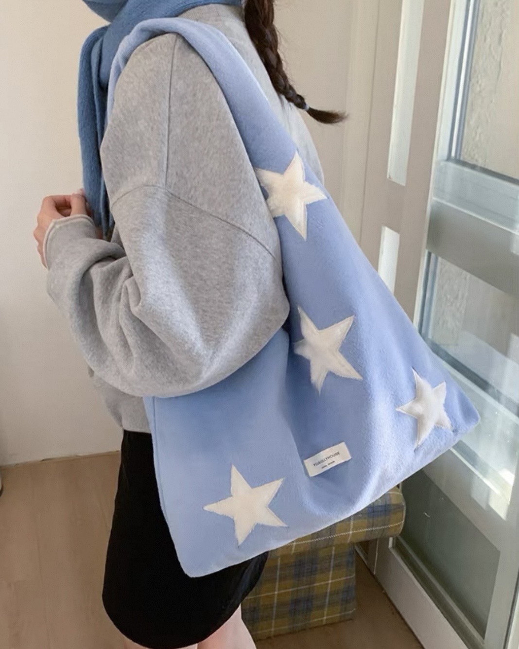 <卡哇伊>復古星星 刺繡貼布 托特包 通勤包 慵懶感 三色