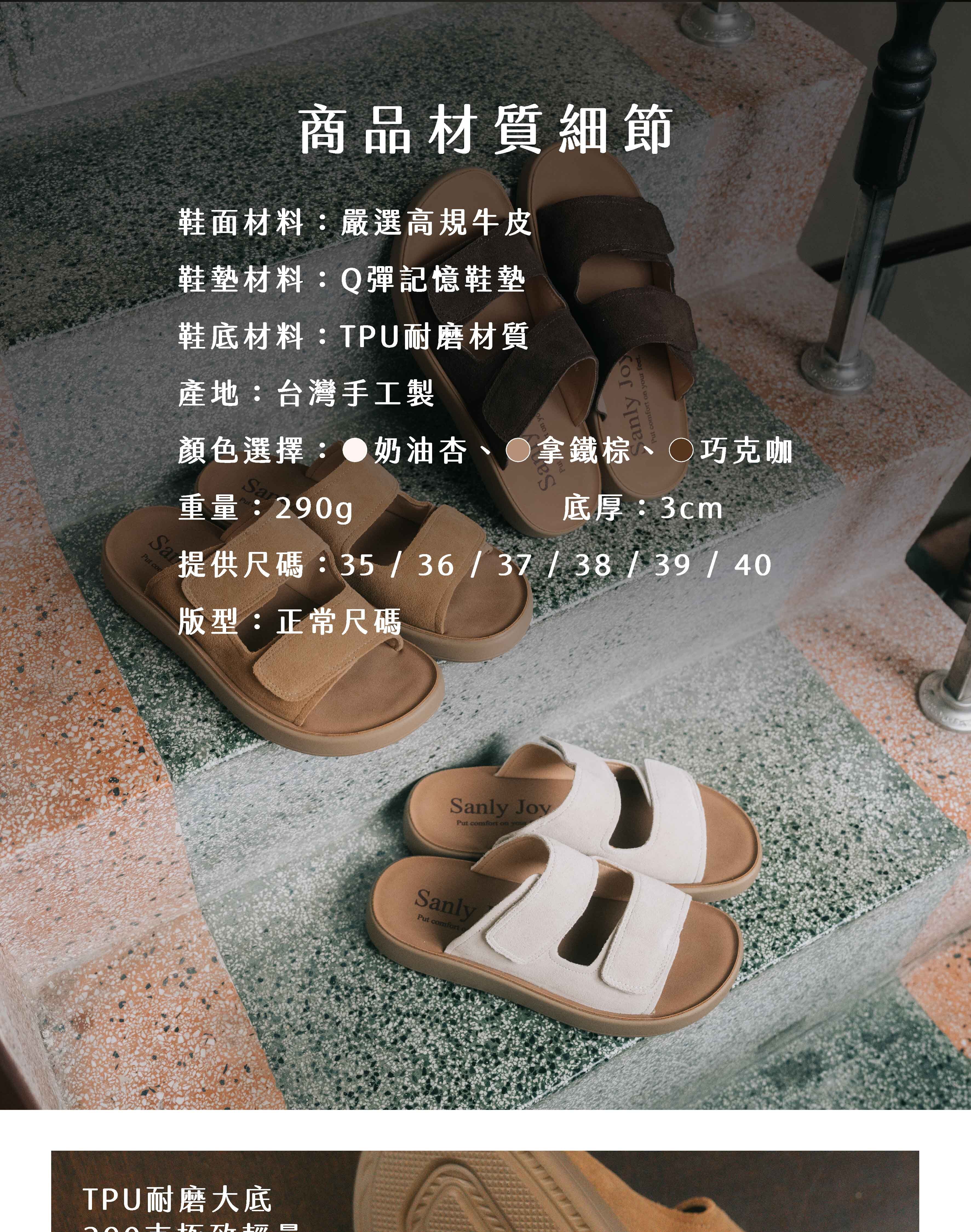 雙帶勃肯拖鞋商品材質與細節規格說明,包含高規牛皮、記憶鞋墊、TPU耐磨底與尺寸表