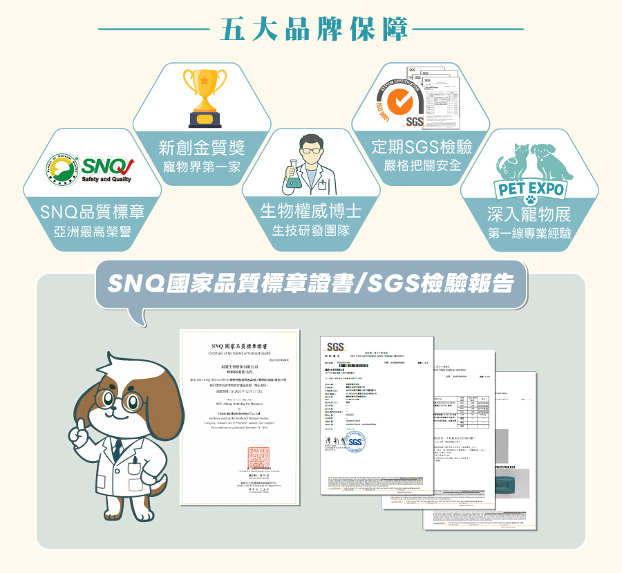 歸毛家族寵物洗毛乳擁有 SNQ 國家品質標章、SGS 檢測與新創金質獎，提供專業級安全保障。