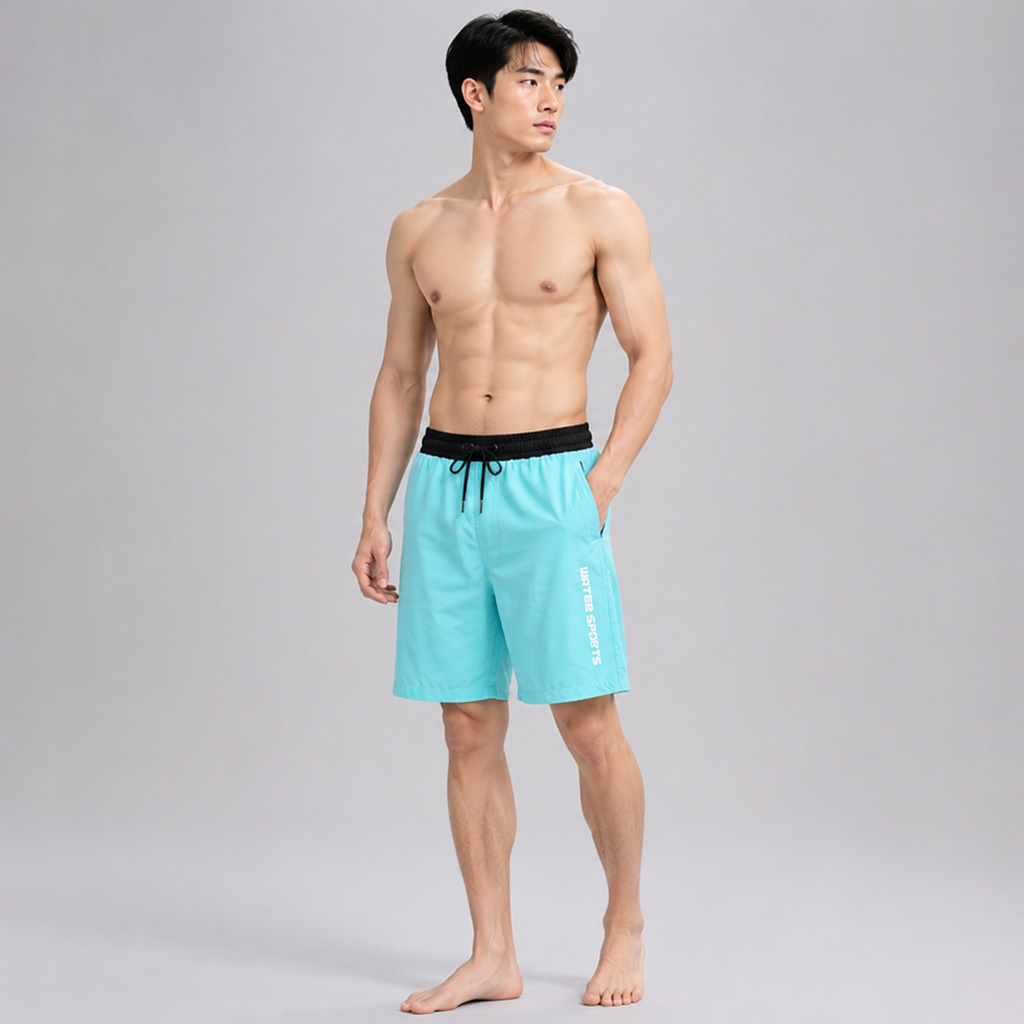 男士 SOLID 雙層速乾沙灘短褲 - 淺藍