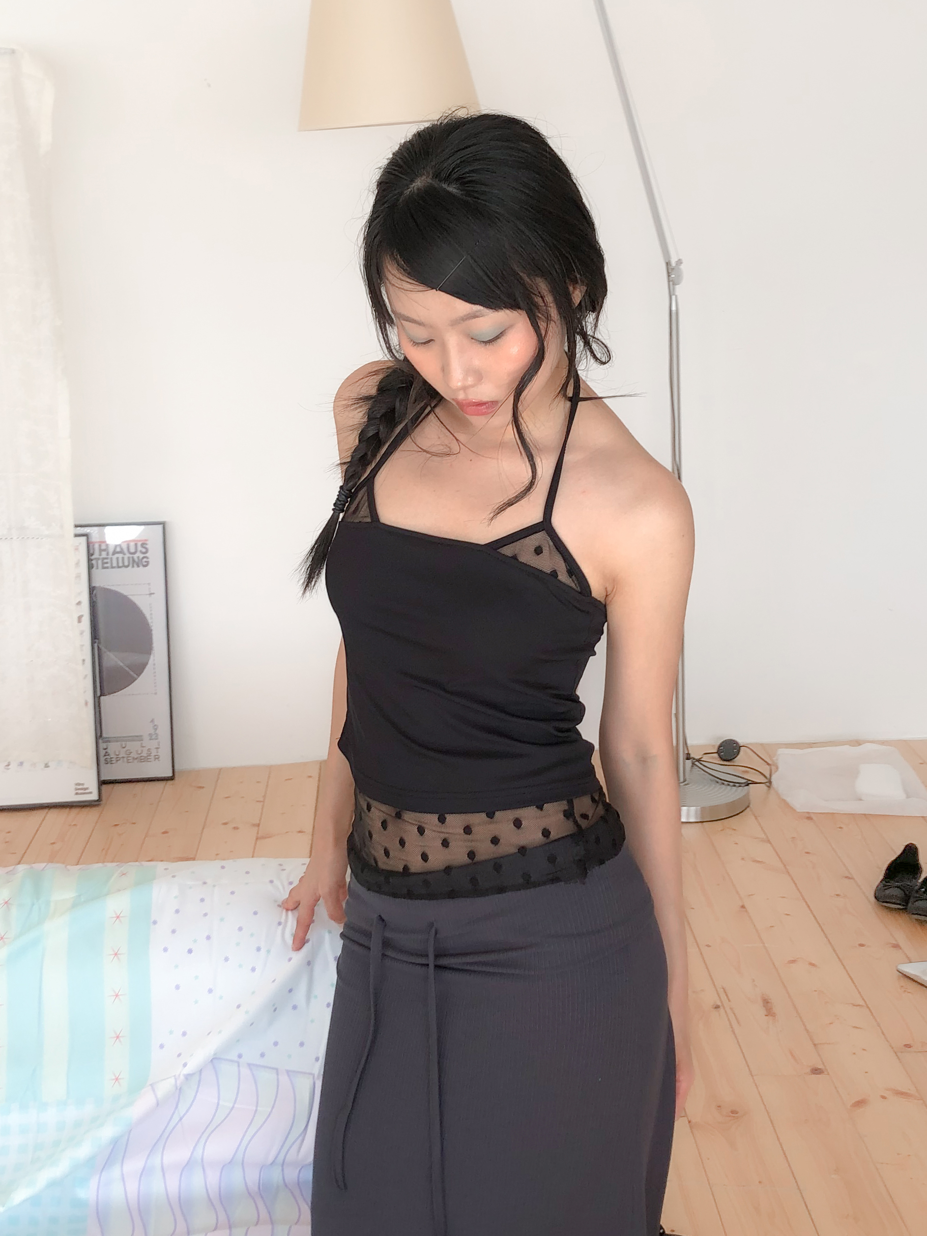 halter contrast color sleeveless #上衣