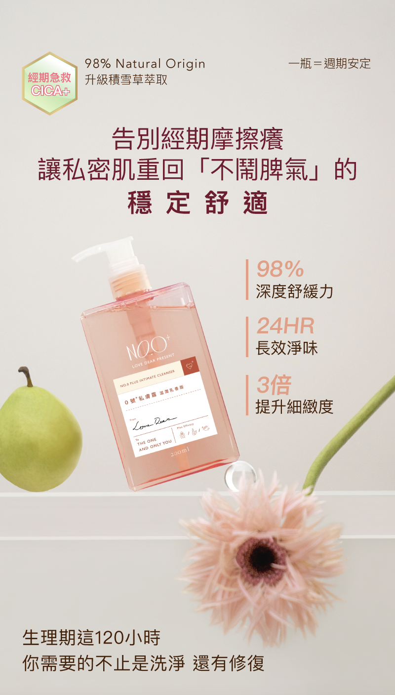 Love Dear 0號⁺私膚沐浴露升級積雪草萃取，這款經期保養首選以天然植萃精華帶來穩定舒適感，長效淨味告別摩擦乾癢，台灣現貨快速出貨。