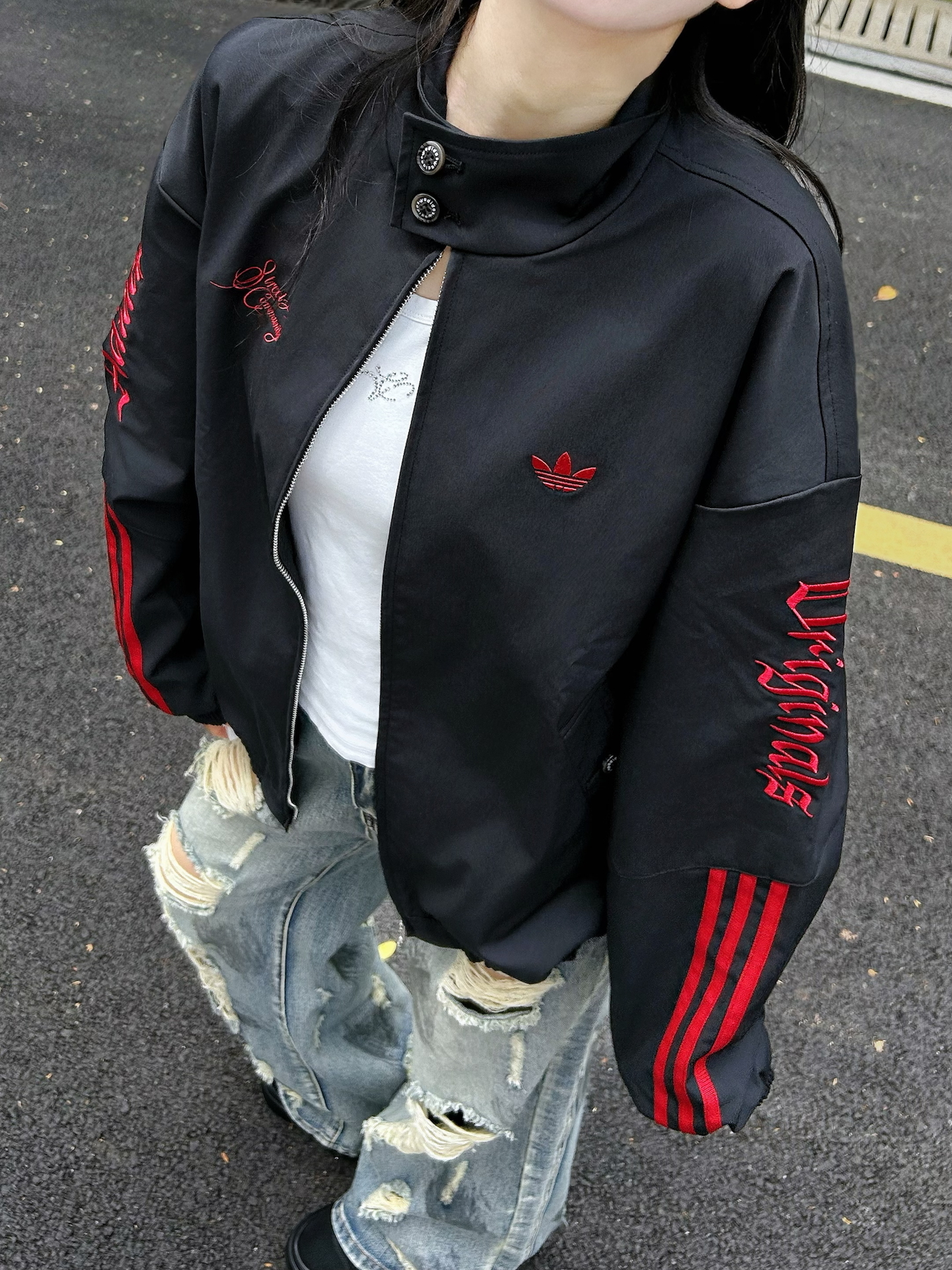 ADIDAS ORIGINALS 美式 歌德字 刺繡 立領 黑色 風衣 外套