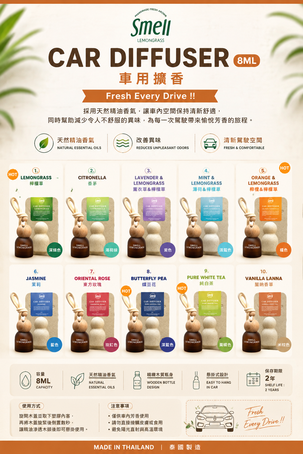 【 泰國連線 】SMELL LEMONGRASS 泰國天然精油車用擴香 8ML