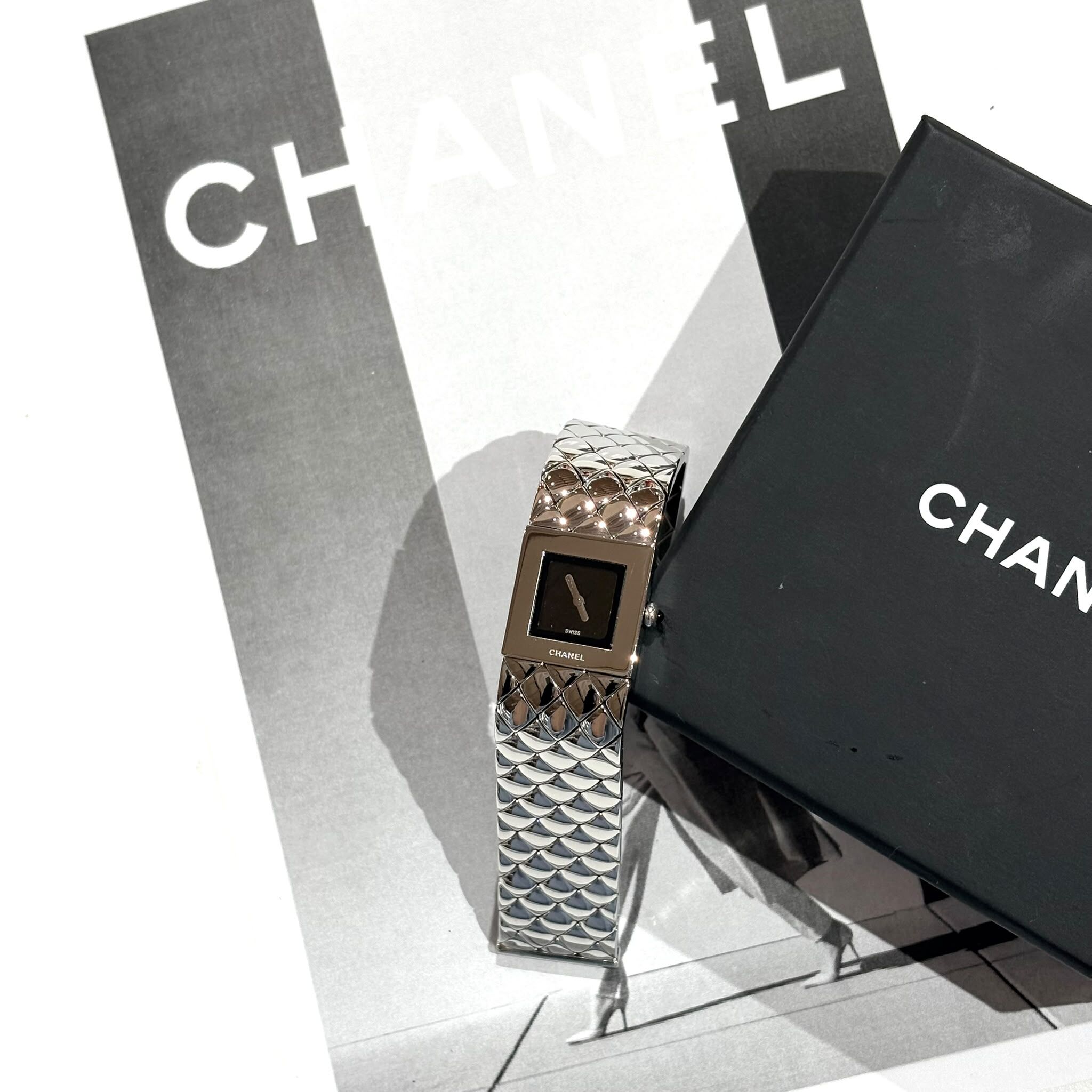 收藏品!!! 99%NEW二手CHANEL手錶,MATELASSE H0009,經典精鋼菱格紋石英錶/黑面, #90年代款式, #中古VINTAGE, #香榭站正品
