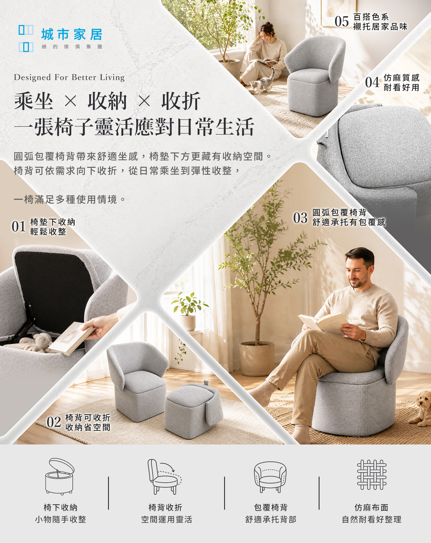 城市家居 DC-AM001-GR 多功能收納椅功能總覽，結合椅下收納、椅背收折、包覆椅背與仿麻布面