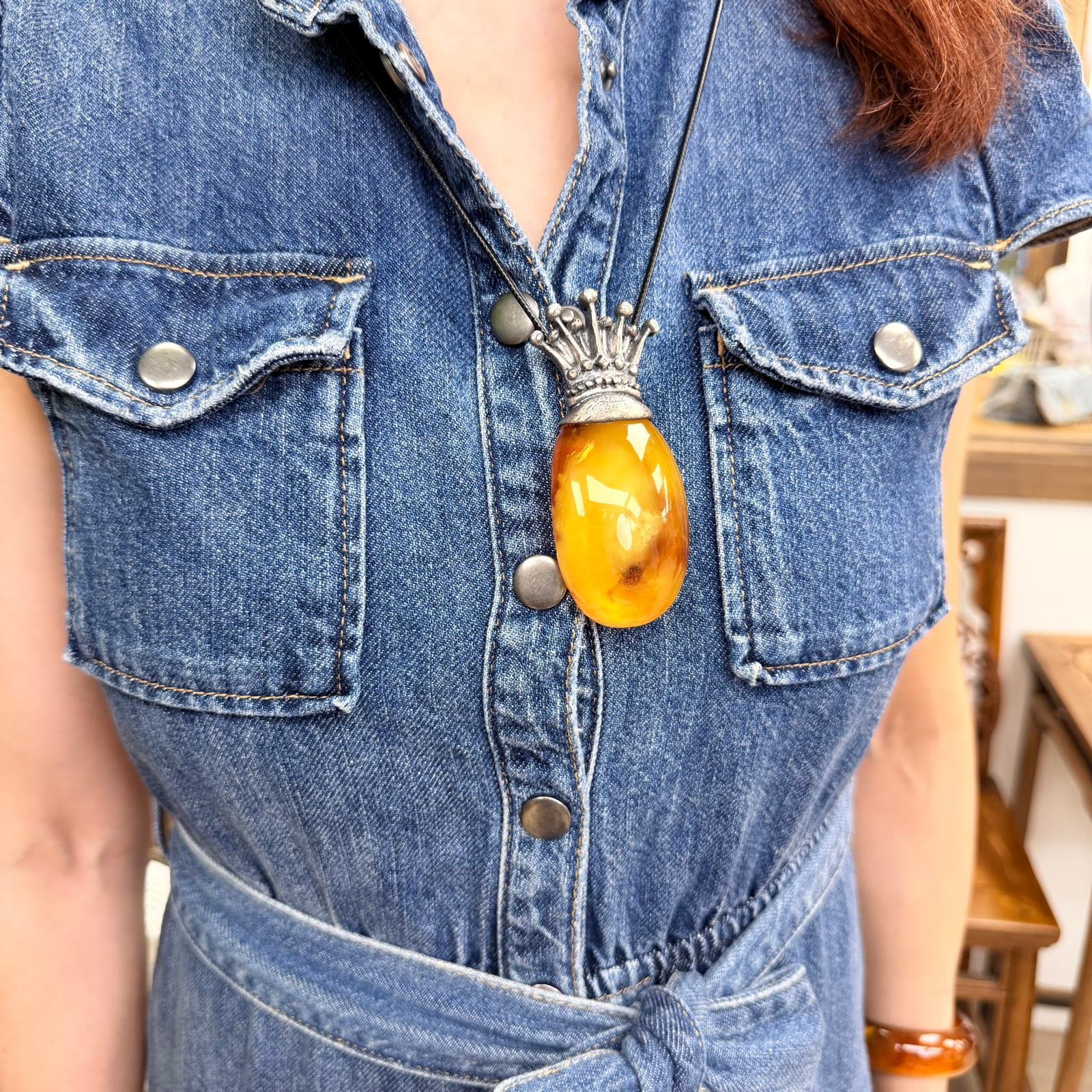 0810BA32-BALTICAMBER-RING-德國匠人鑲嵌 皇冠老蠟大吊墜 925純銀鑲嵌（A32）