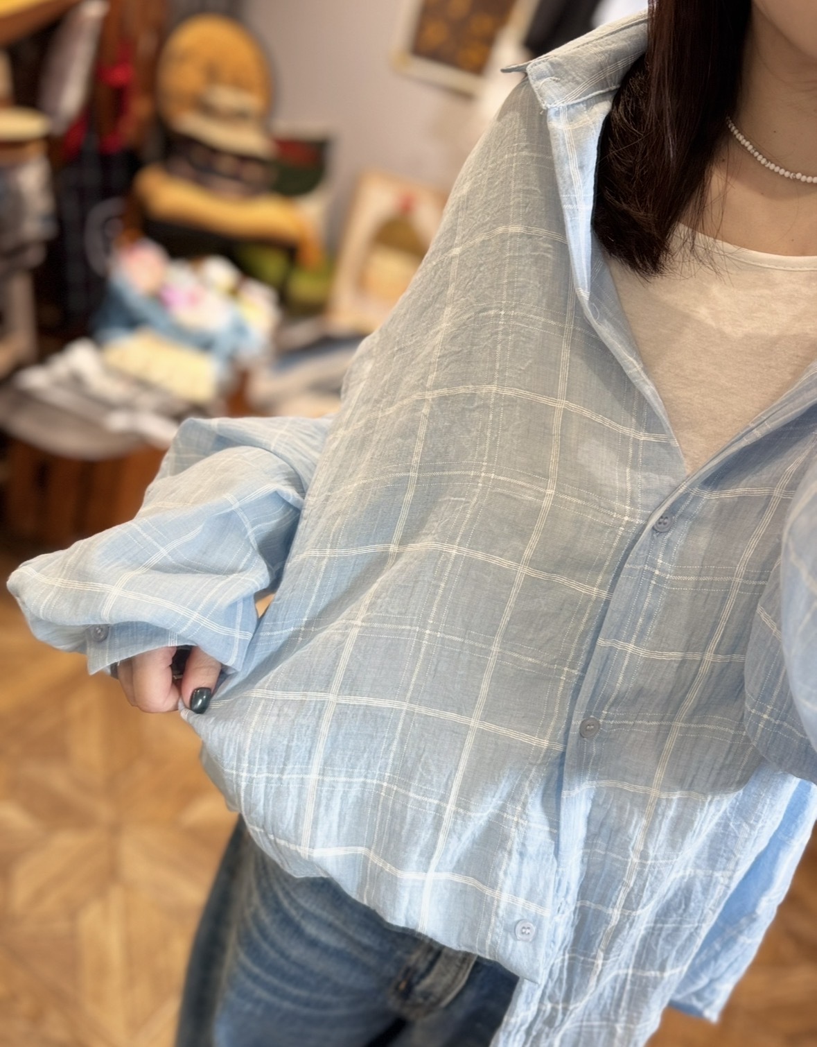 藍格紋薄透長袖襯衫