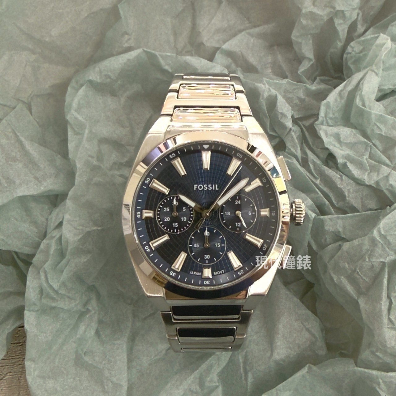 【Fossil】Everett 極簡冥海時尚三眼手錶(銀) FS6104 44mm 現代鐘錶