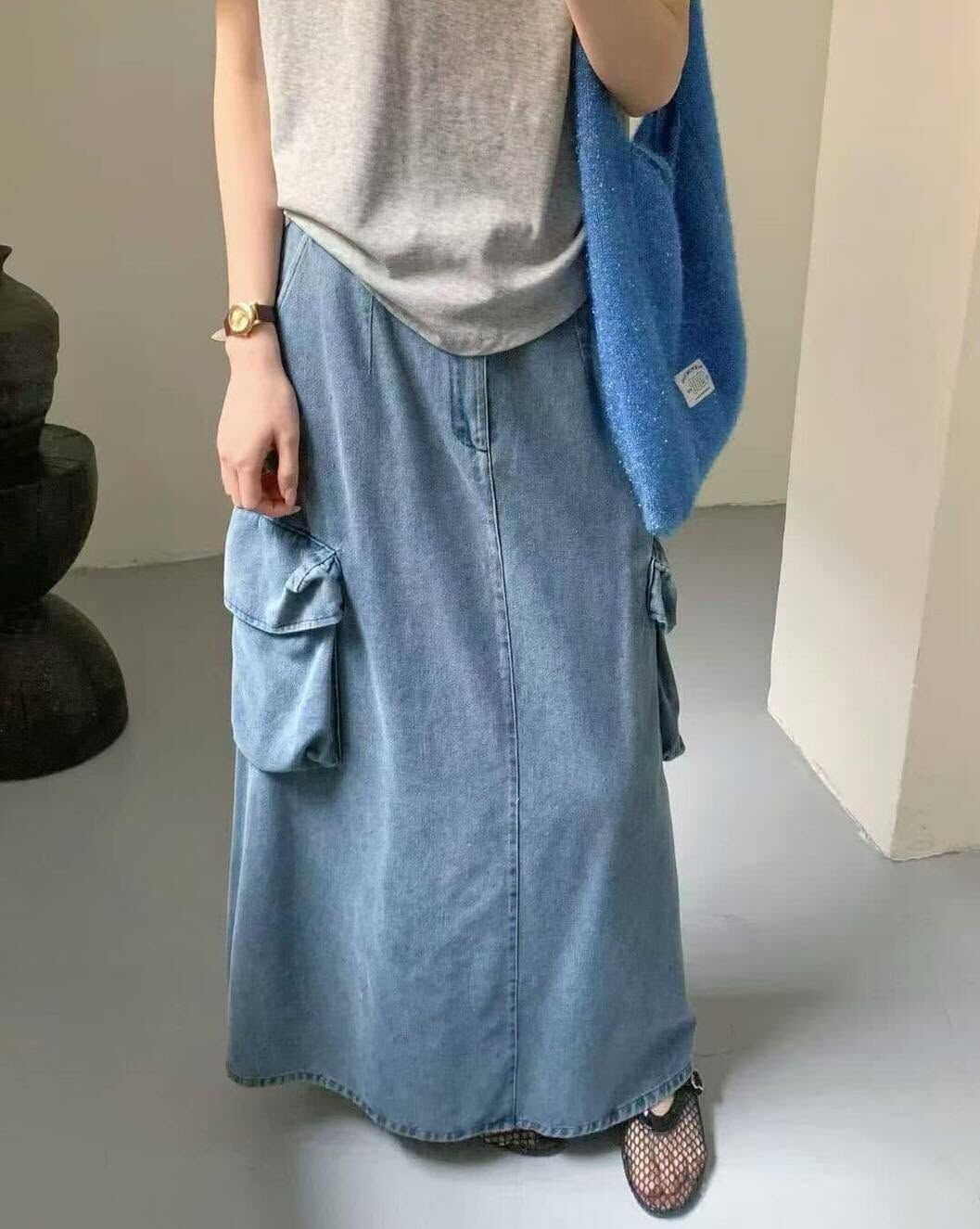【顯瘦工裝側口袋牛仔A字長裙】（現貨）