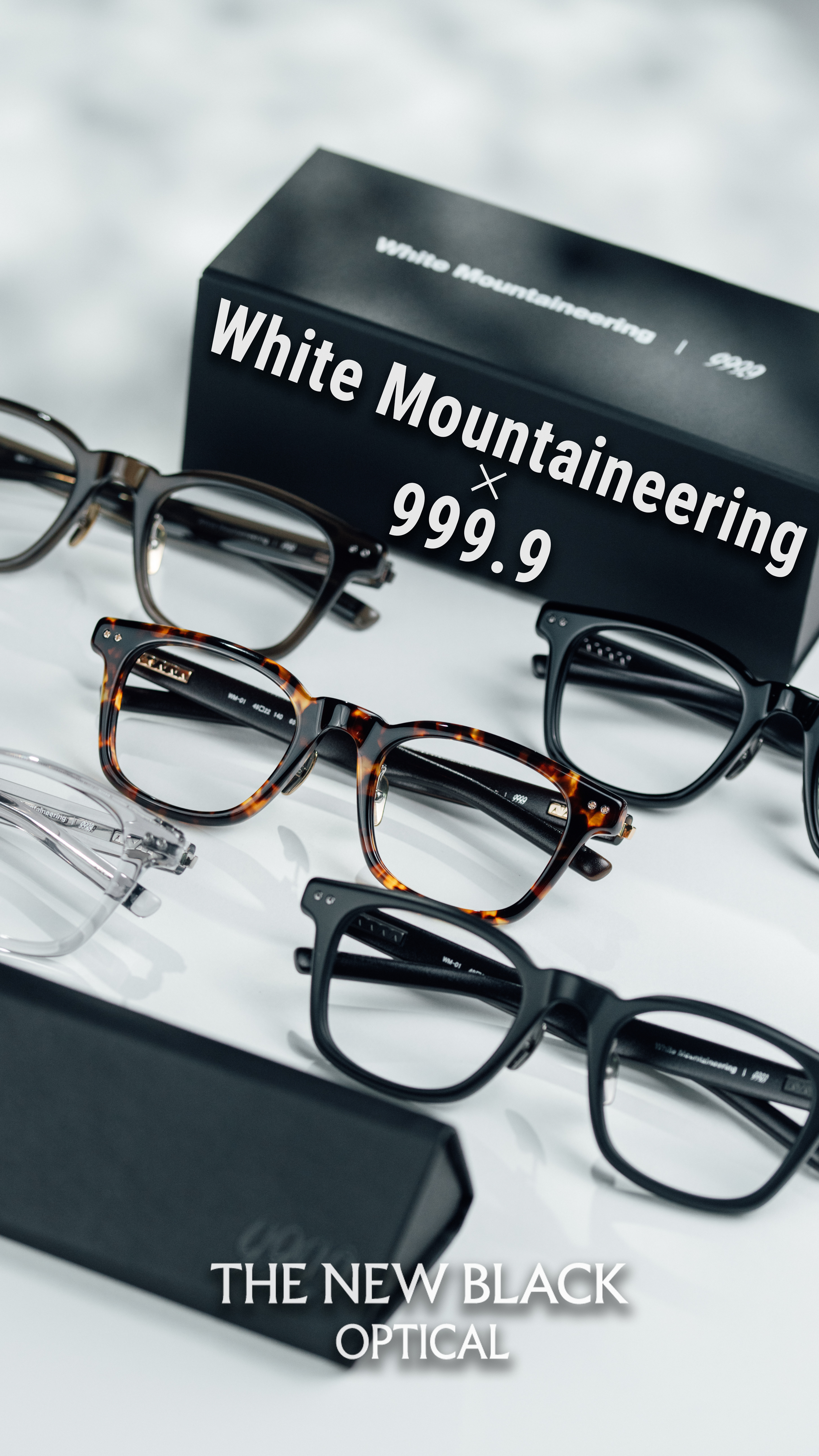 White Mountaineering x 999.9 聯名限量眼鏡短片封面，展示 6mm 粗框與山系圖騰金屬芯