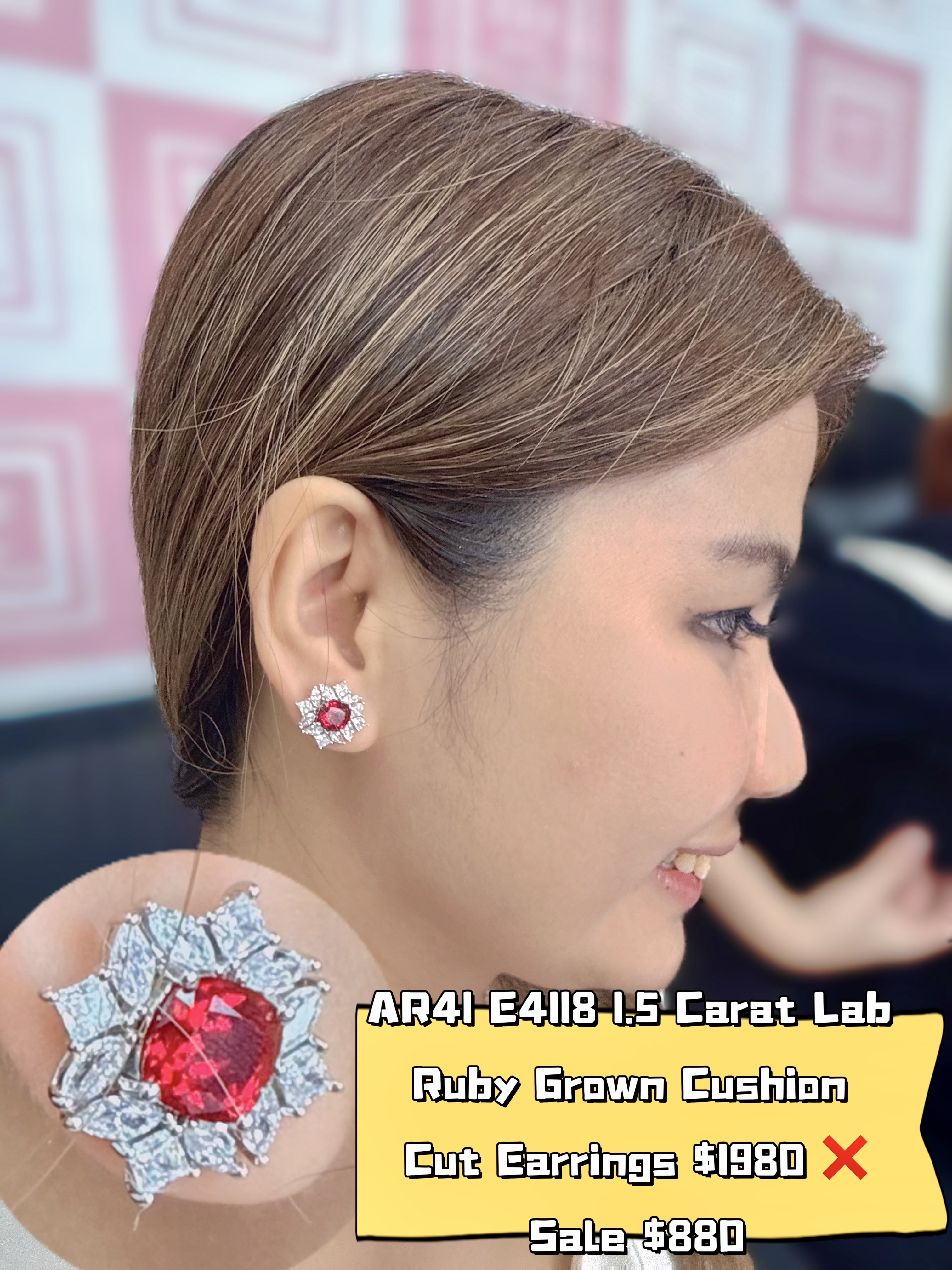 AR41 E4118 1.5 Carat Lab Ruby Grown Cushion Cut Earrings $1980