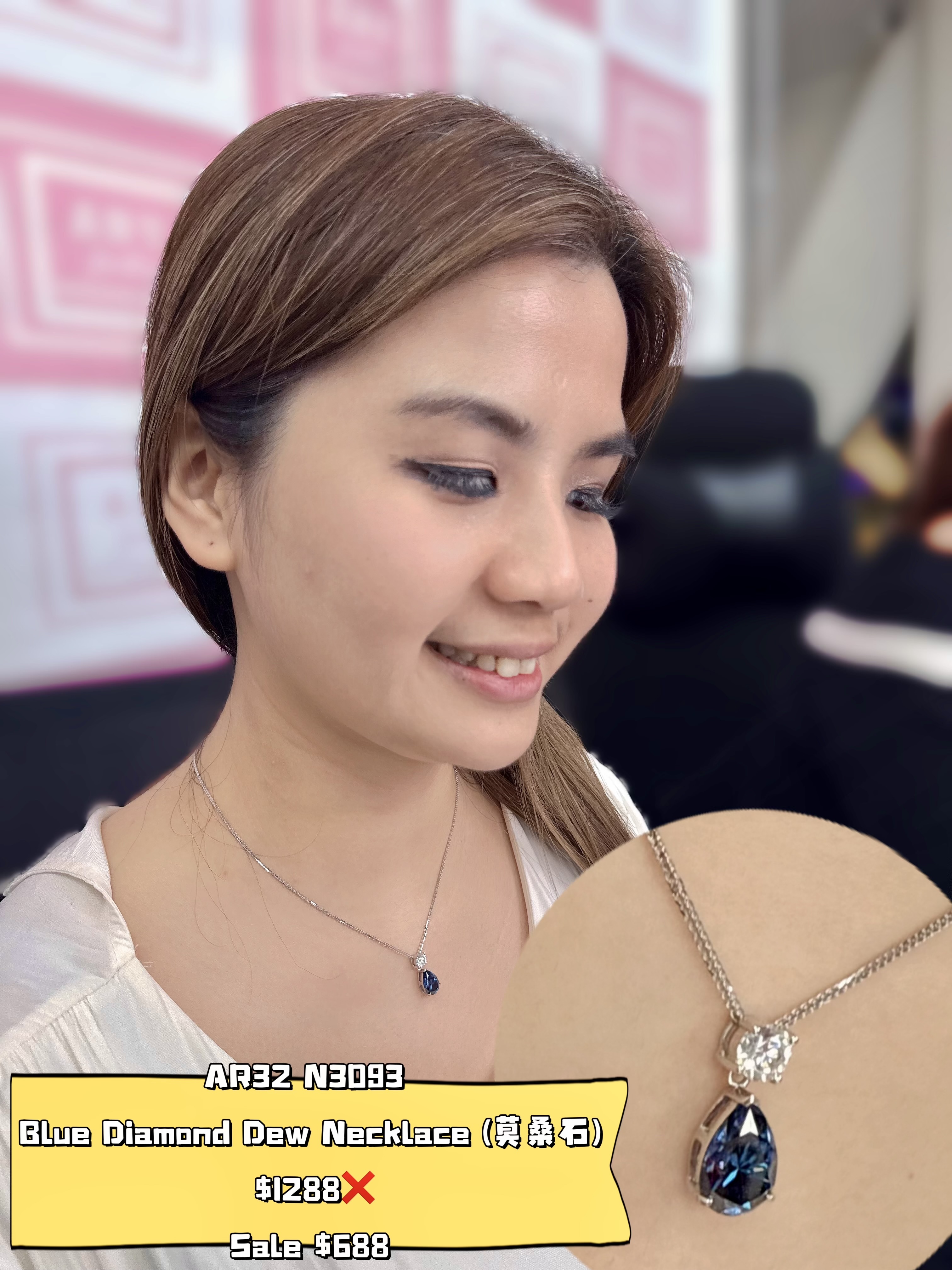 AR32 N3093  Blue Diamond Dew Necklace (莫桑石) $1288