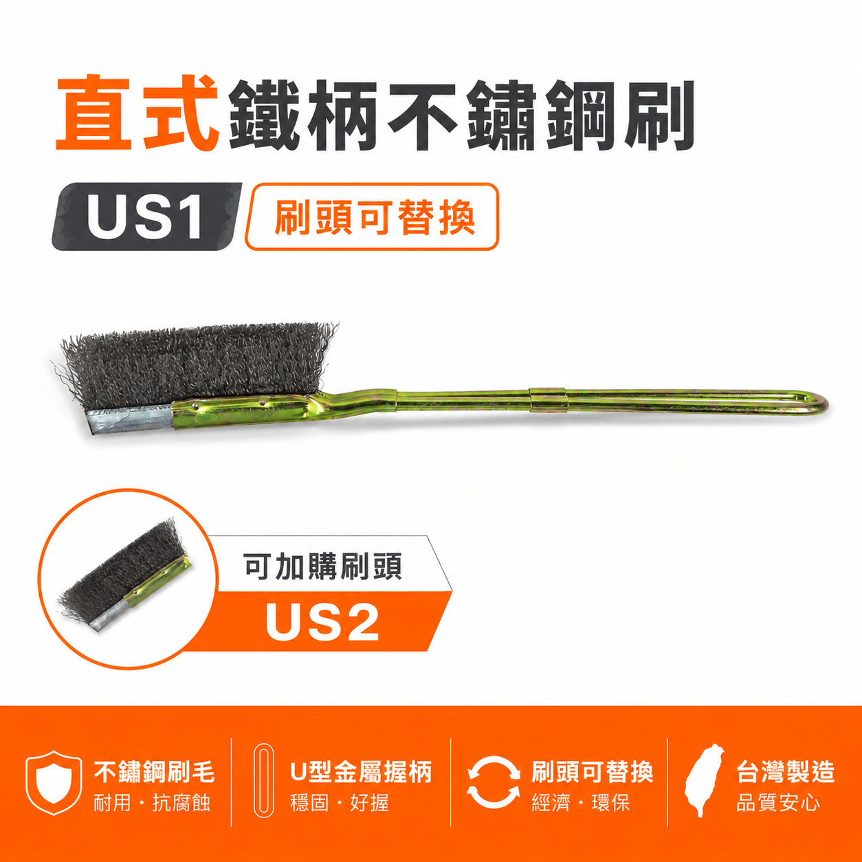 直式鐵柄不鏽鋼刷｜平型直型-鐵柄白鐵刷 U型金屬握柄不銹鋼毛刷 除鏽拋光污垢刷｜刷頭可加購｜US1