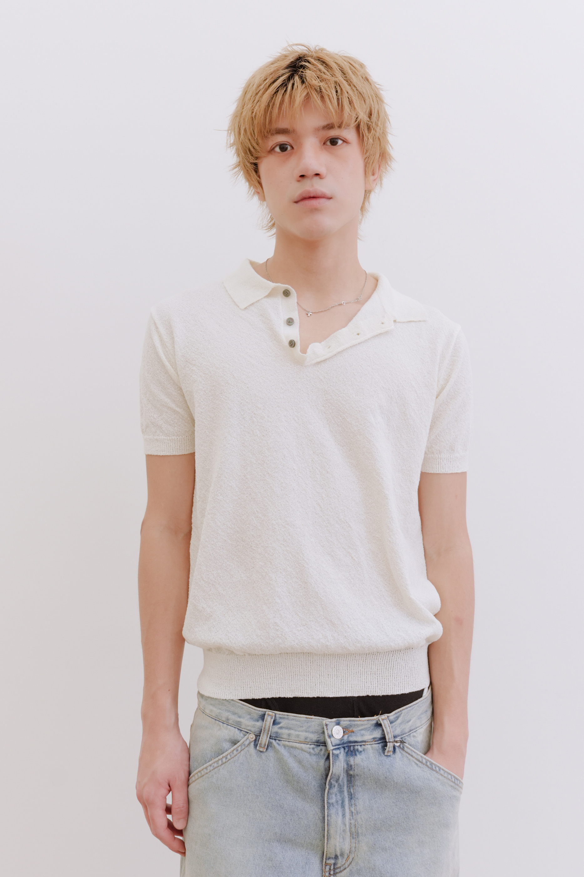 pure boucle button collar knit #上衣