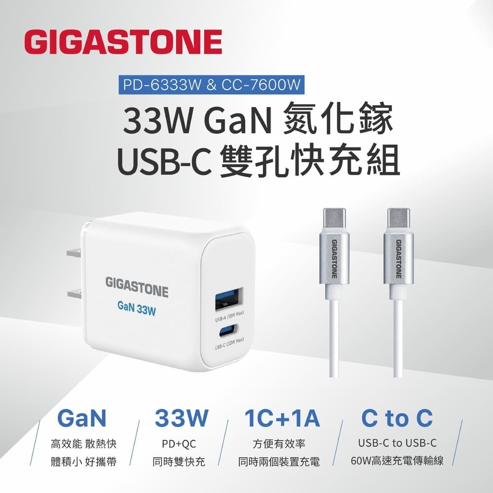 GIGASTONE 立達 33W氮化鎵GaN雙孔急速充電器組 PD-6333W+CC-7600W 快充 充電器