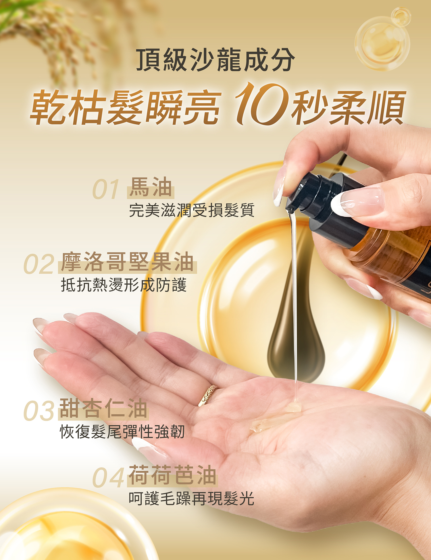 髮質變差原因一瓶補救! 漂染燙、高溫離子夾、換季靜電的居家頂級護髮油,富含摩洛哥堅果油、荷荷芭油等4大髮源養分,濕髮擦不怕熱風吹整,乾髮擦一抹柔順到底。
