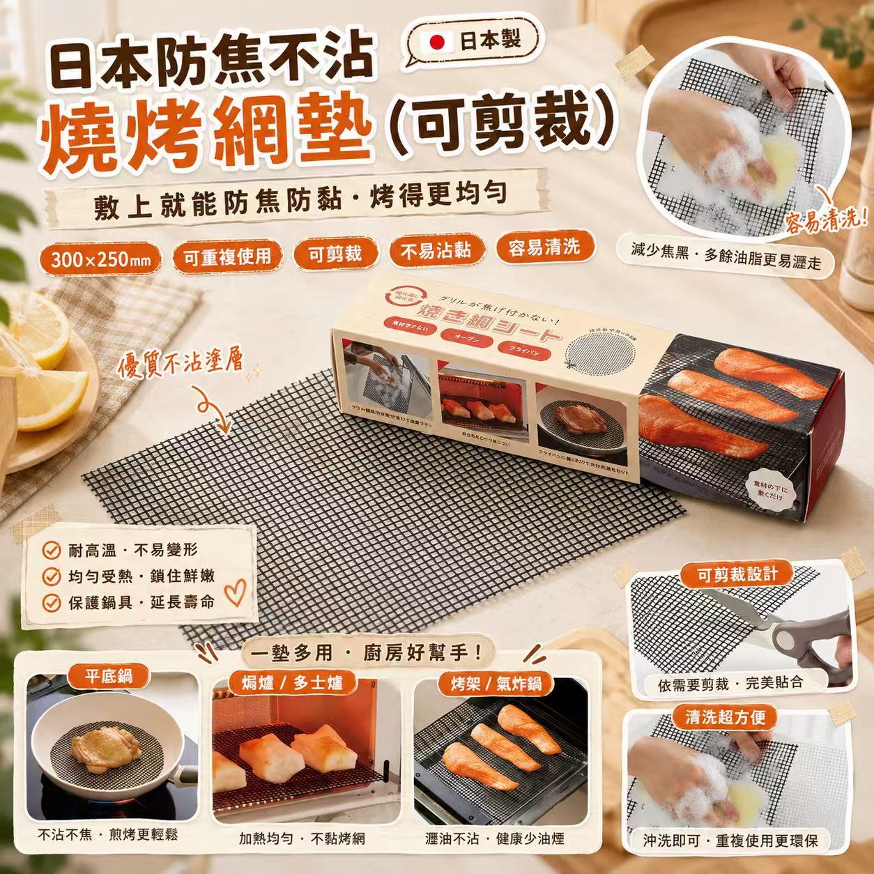 【預購】JM080812 日本防焦不沾燒烤網墊（可剪裁）