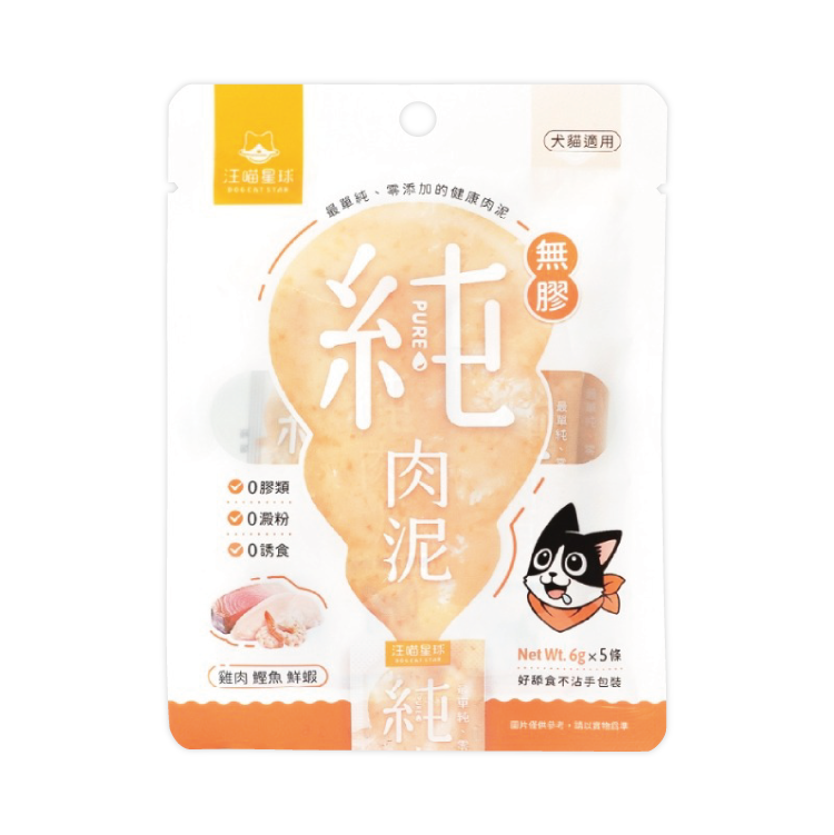 汪喵星球 - 無膠純肉泥 - 雞肉+鰹魚+鮮蝦 6g×5條