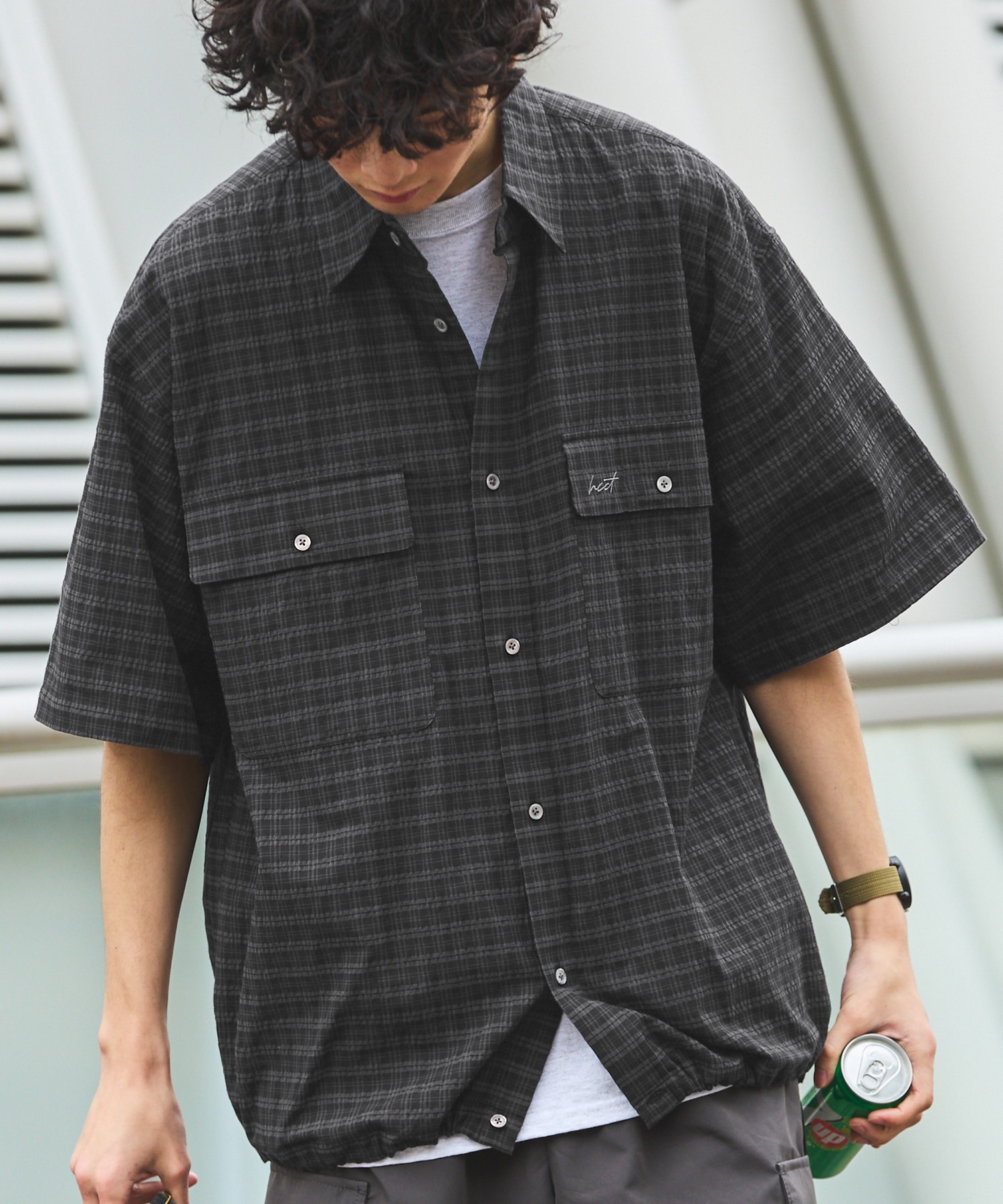 #預購 HECT 寬鬆剪裁 雙口袋 抽繩設計 泡泡紗短袖格紋襯衫 七色