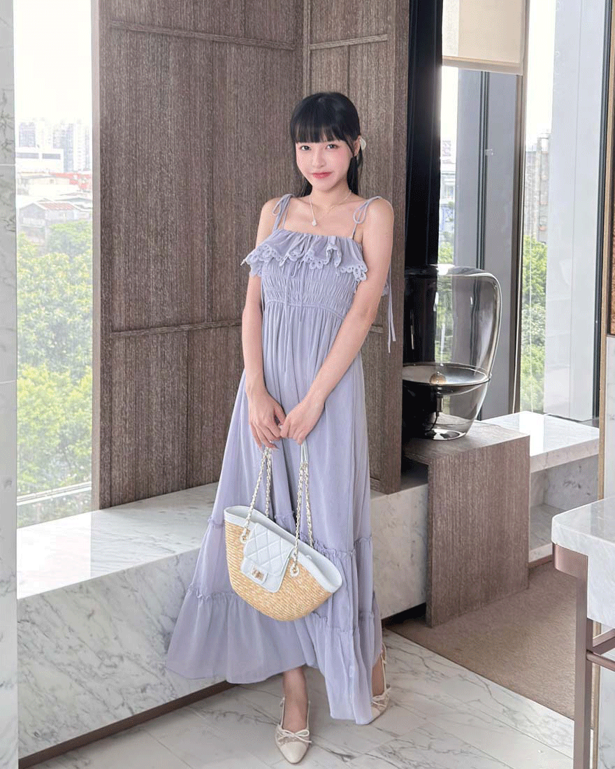 LINA LINA傾心浪漫縷空燒花滾邊蝴蝶綁結洋裝-柔美紫