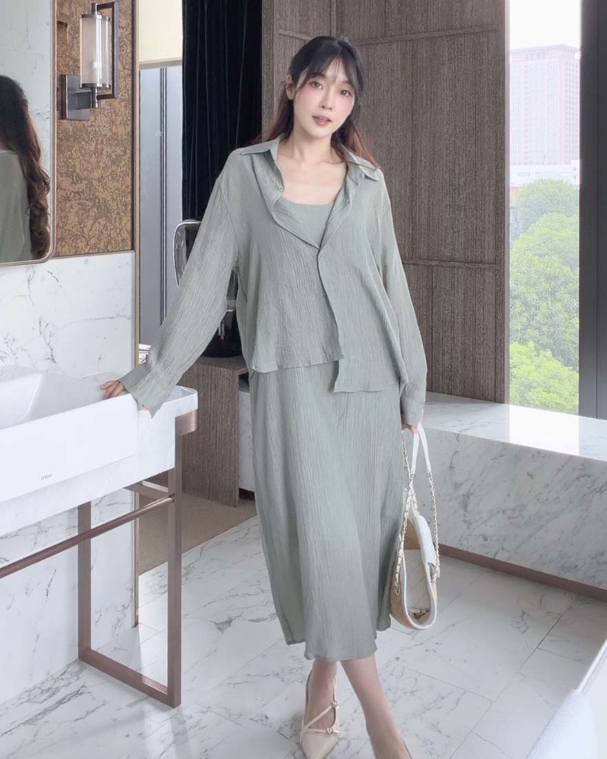 LINA LINA靜謐暮光滿版紋理襯衫洋裝兩件組-質感綠