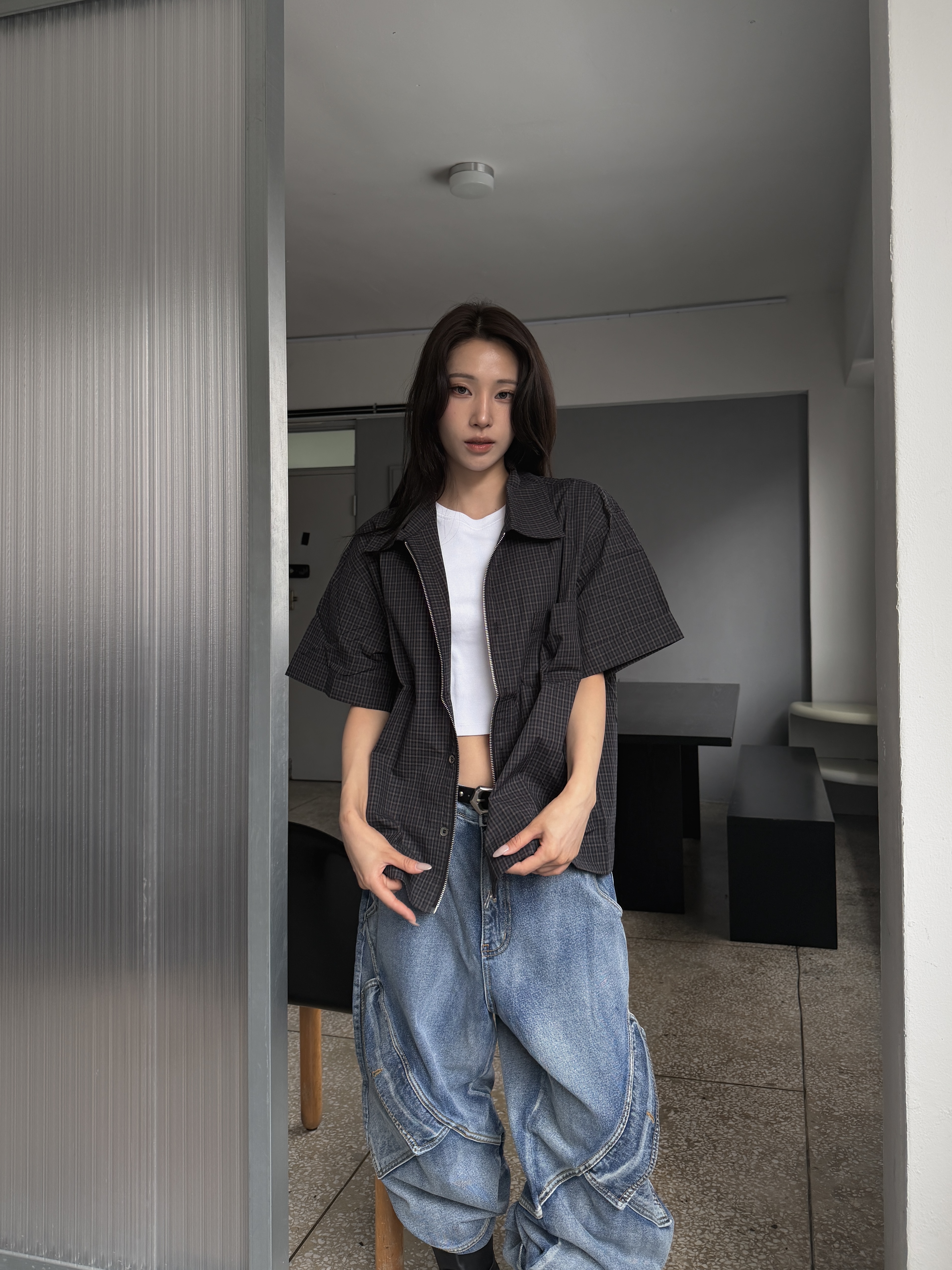 細條紋 格紋 拉鍊短袖 襯衫夾克